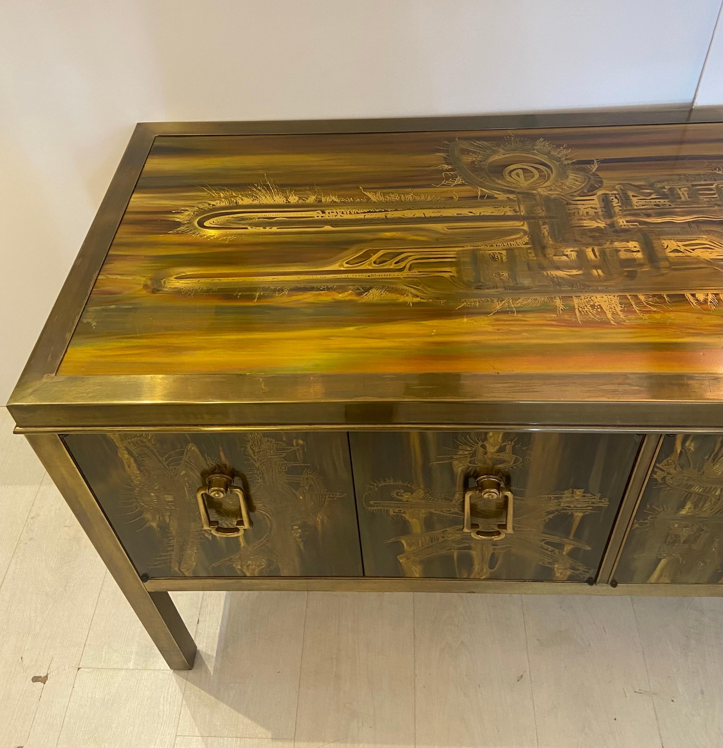 Bernhard Rohne for Mastercraft Acid Etched Brass Credenza, circa 1970s In Good Condition In West Palm Beach, FL