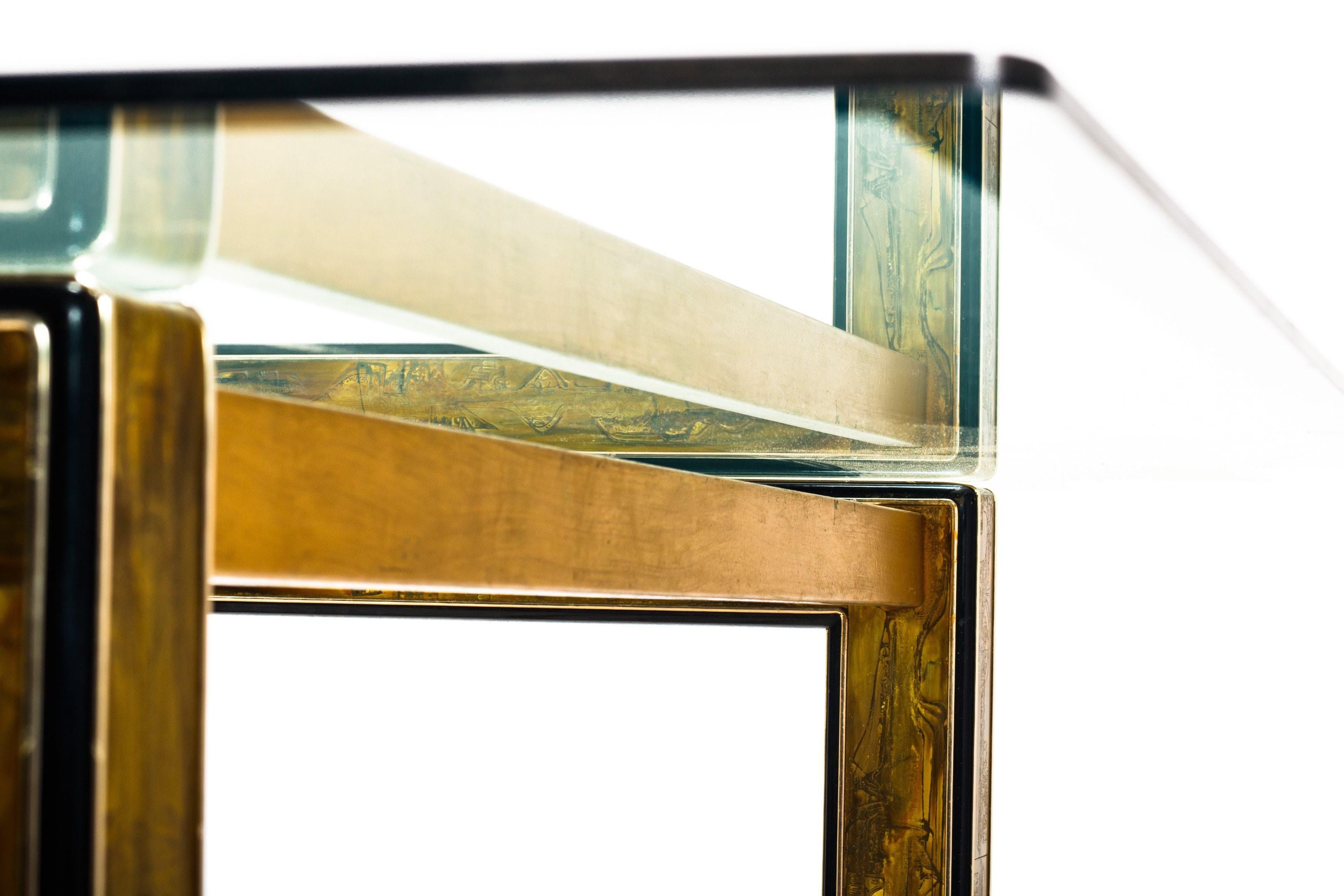 What makes this midcentury dining table exquisite is the synergy of Bernhard Rhone's Art and the Mastercraft construction. Brutalist midcentury Artist, Bernhard Rhone – and his metal acid etched brass technique – created one of a kind panels that