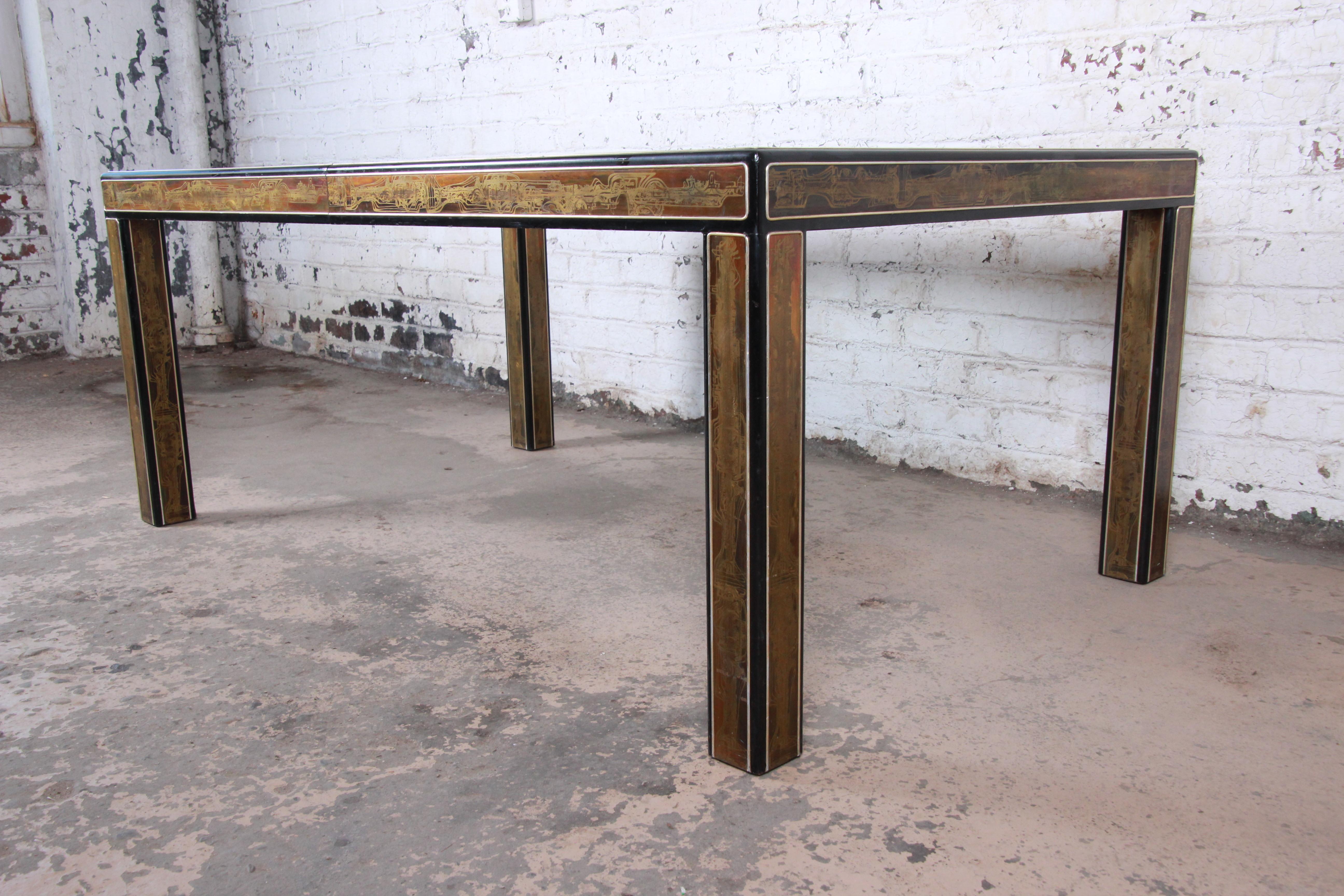 Mid-Century Modern Bernhard Rohne for Mastercraft Acid Etched Brass Extension Dining Table, 1970s