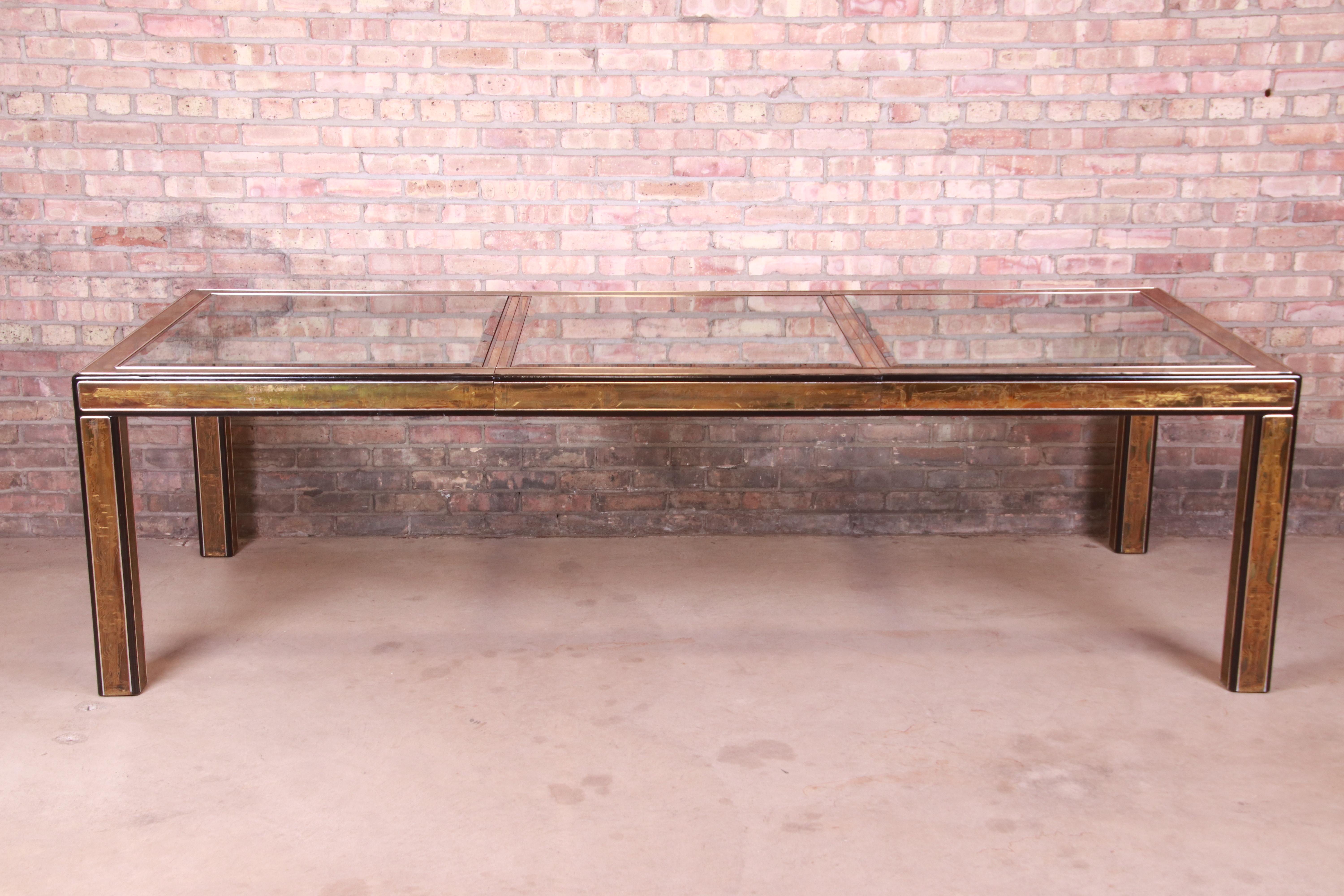 Mid-Century Modern Bernhard Rohne for Mastercraft Acid Etched Brass Extension Dining Table, 1970s