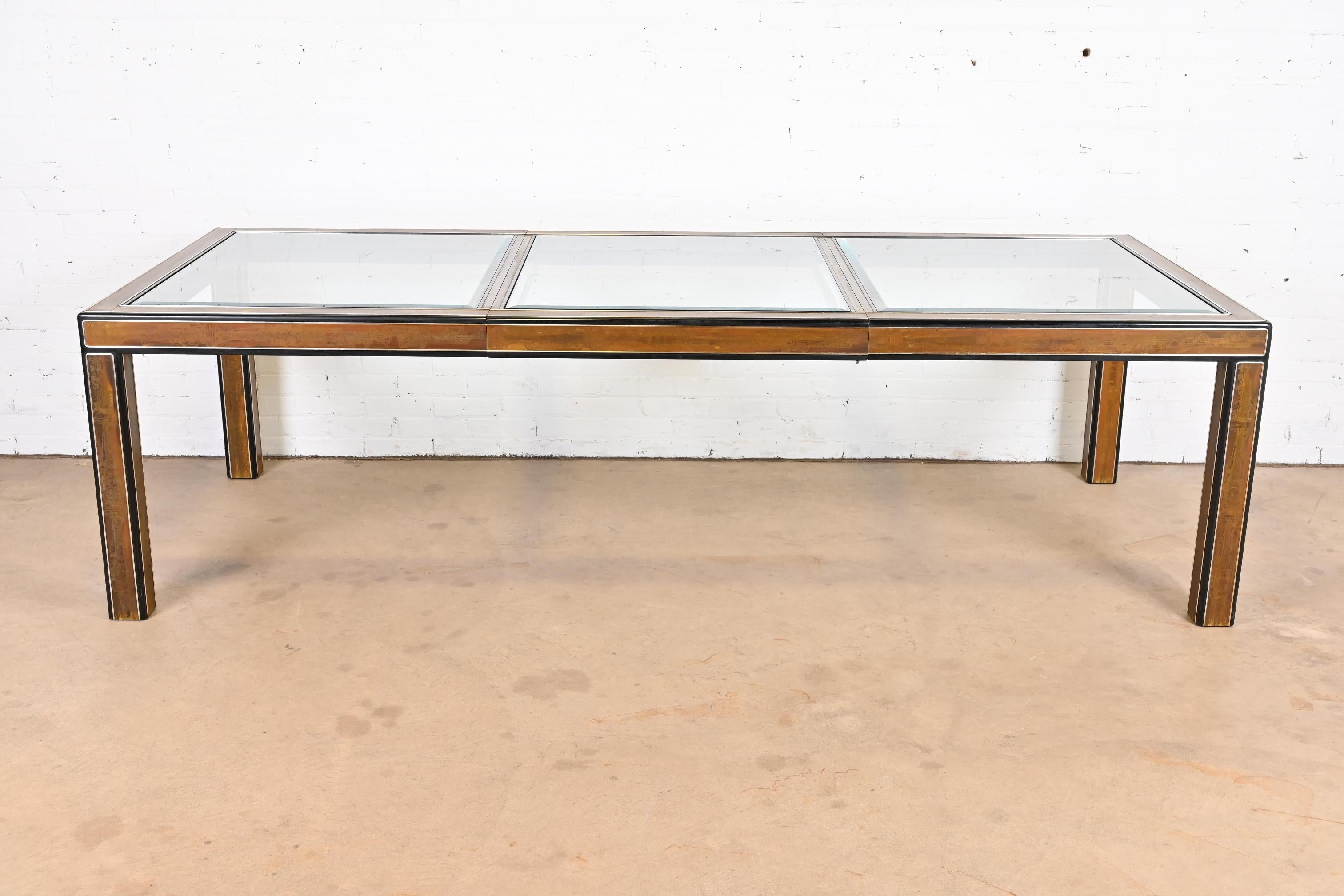 American Bernhard Rohne for Mastercraft Acid Etched Brass Extension Dining Table, 1970s