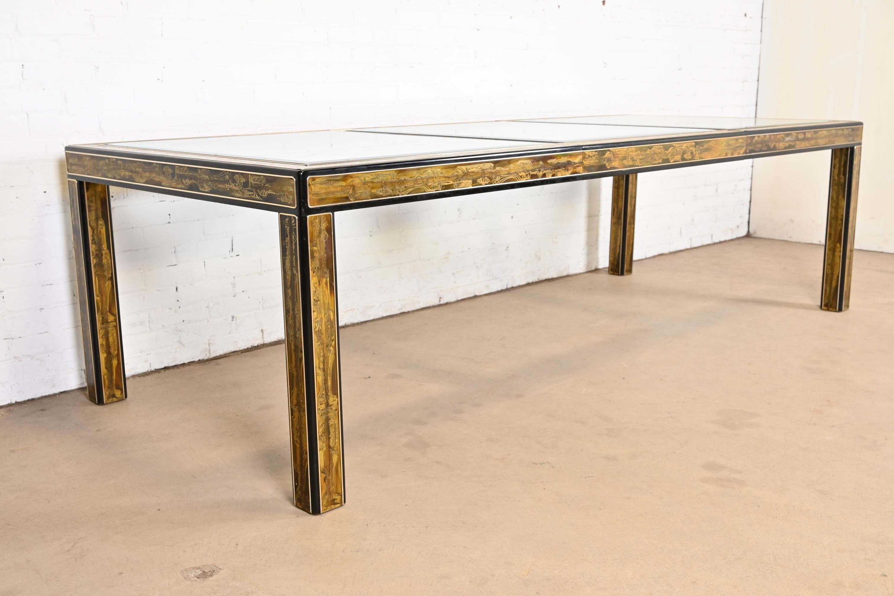 Beveled Bernhard Rohne for Mastercraft Acid Etched Brass Extension Dining Table, 1970s For Sale