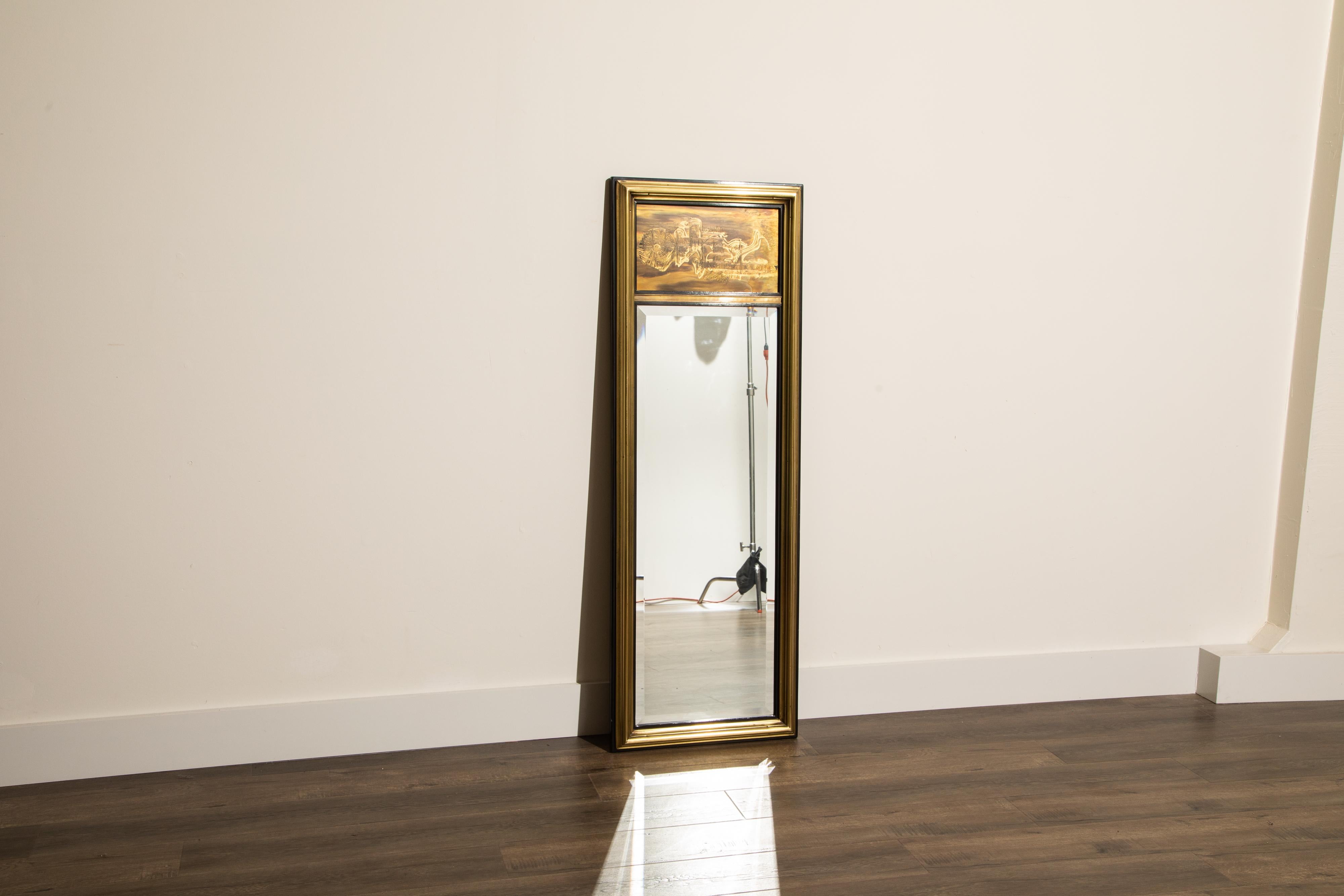 Exquisitely executed rectangular mirror by Bernhard Rohne for Mastercraft. Featuring black lacquered and acid etched wrapped brass panels by Bernhard Rohne displaying an abstract free-form design with beveled mirror. 

This beautiful Bernard Rohne
