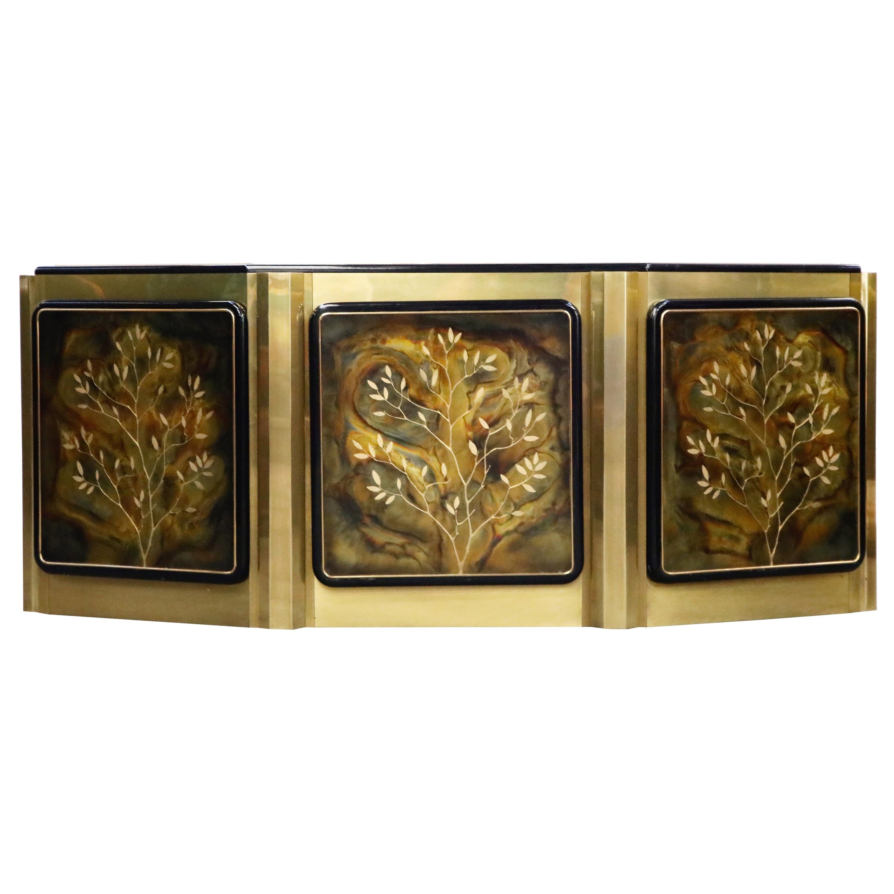 Bernhard Rohne for Mastercraft Acid Etched Brass 
Tree of Life
 Cabinet, 1970s