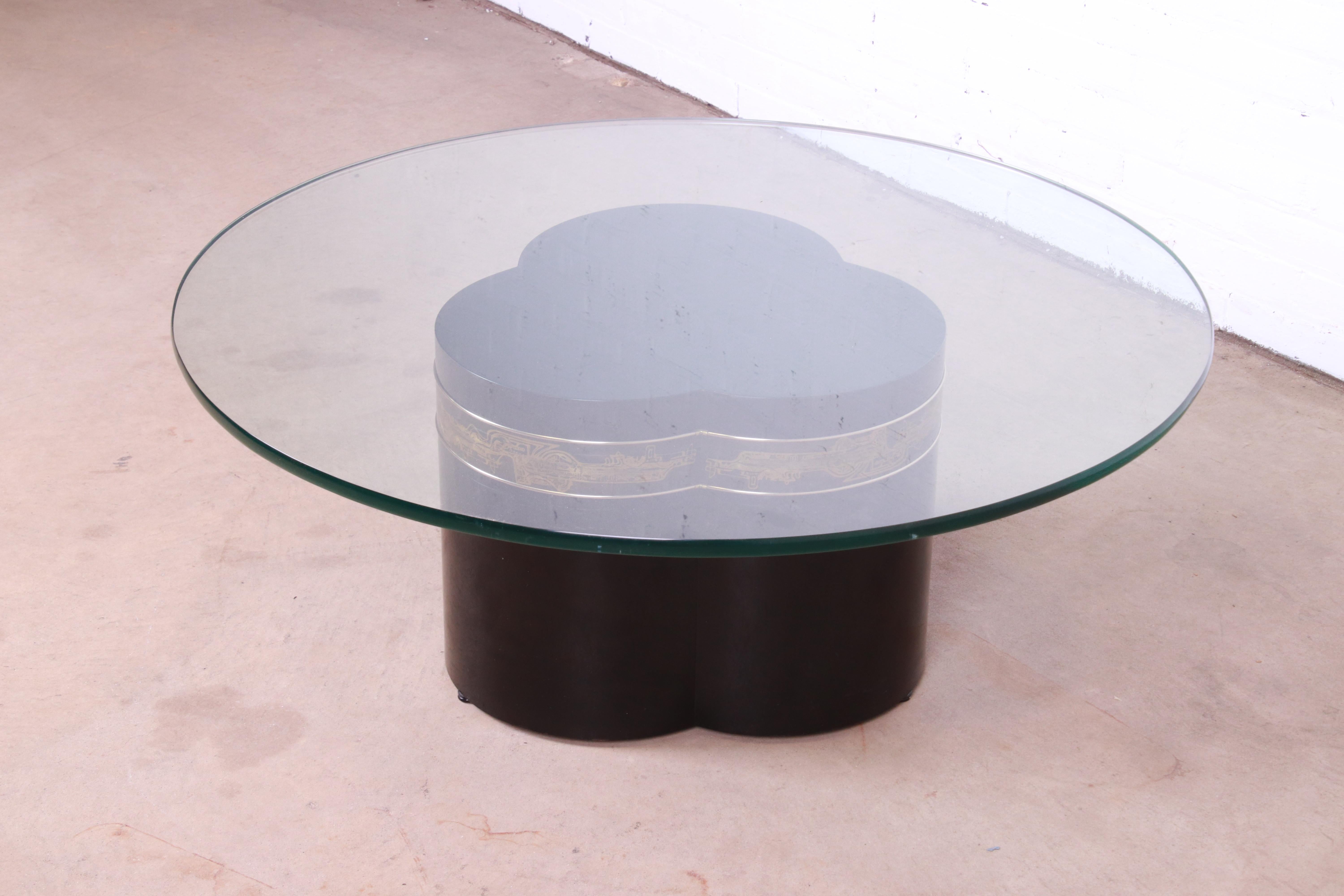 American Bernhard Rohne for Mastercraft Acid Etched Brass Trefoil Base Cocktail Table