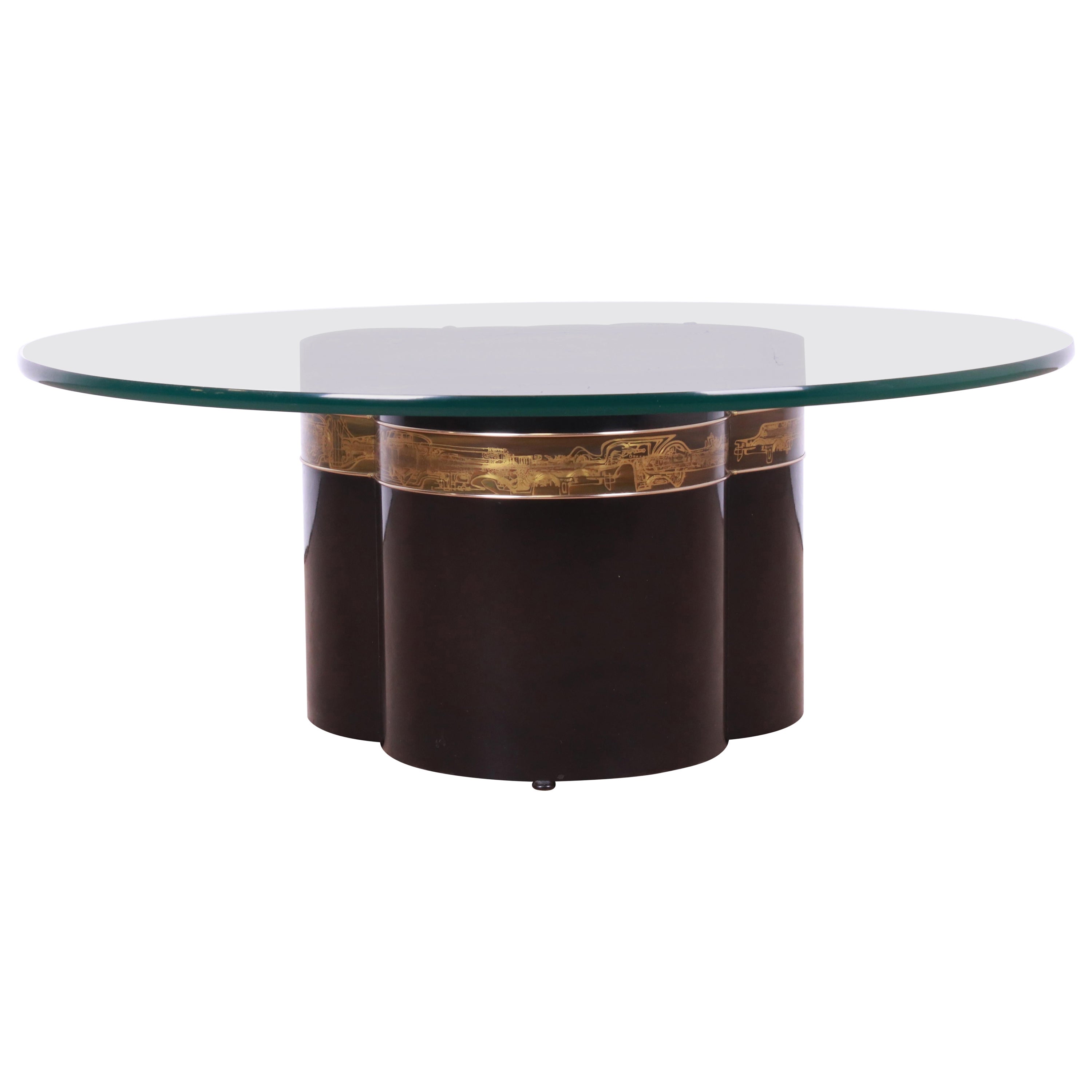 Bernhard Rohne for Mastercraft Acid Etched Brass Trefoil Base Cocktail Table