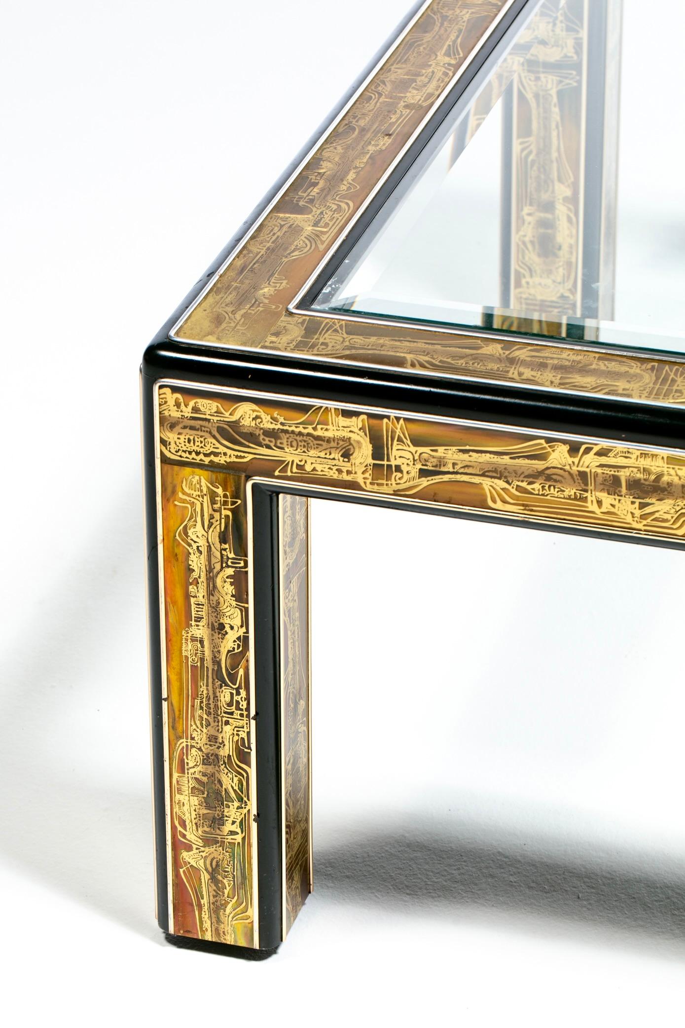 Table basse brutaliste en métal et verre gravé à l'acide Bernhard Rohne pour Mastercraft en vente 2