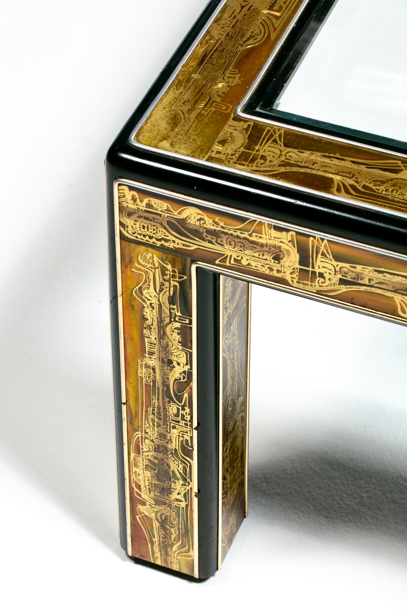 Table basse brutaliste en métal et verre gravé à l'acide Bernhard Rohne pour Mastercraft en vente 3