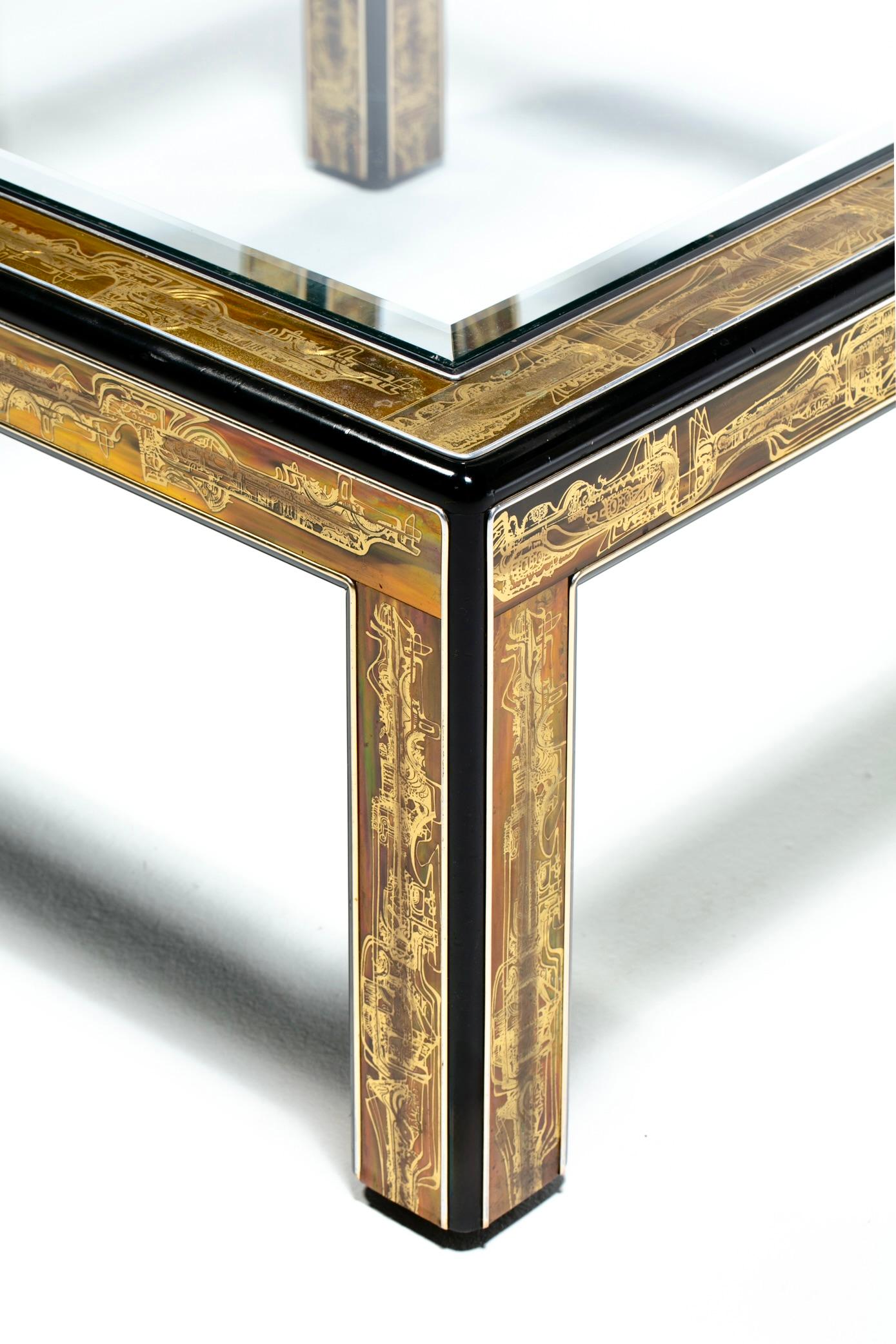 Table basse brutaliste en métal et verre gravé à l'acide Bernhard Rohne pour Mastercraft en vente 4