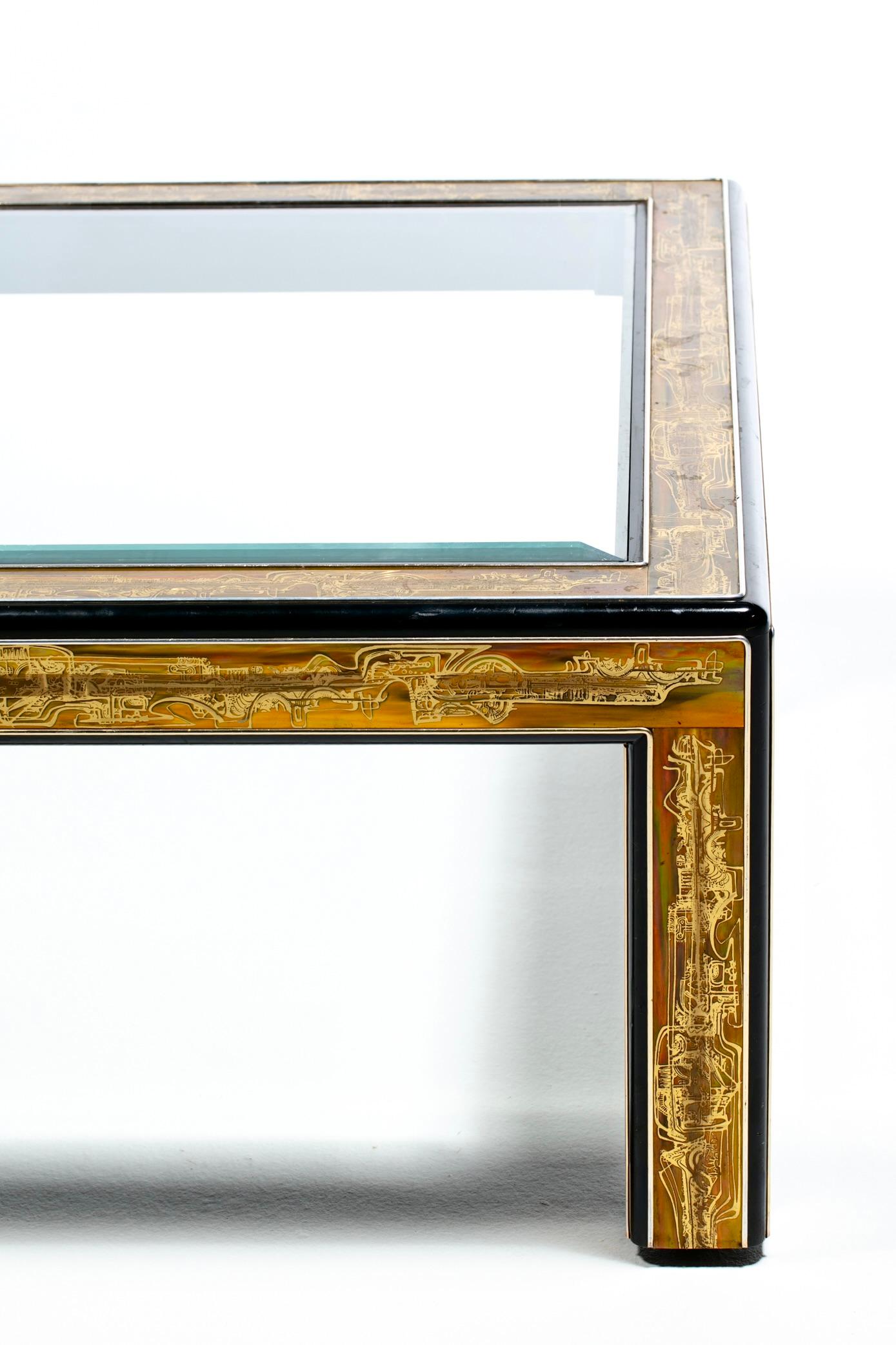 Table basse brutaliste en métal et verre gravé à l'acide Bernhard Rohne pour Mastercraft en vente 7