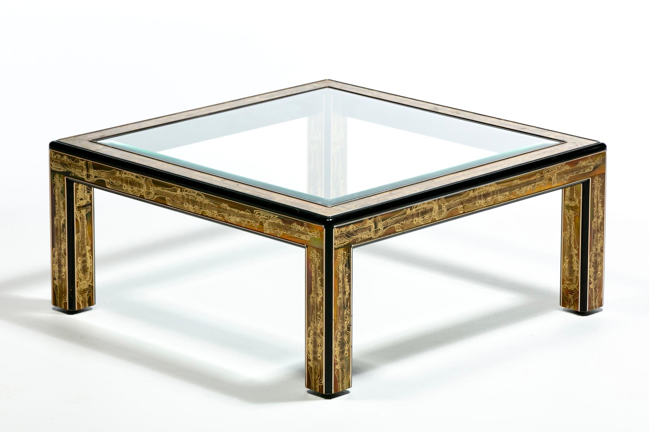 Américain Table basse brutaliste en métal et verre gravé à l'acide Bernhard Rohne pour Mastercraft en vente