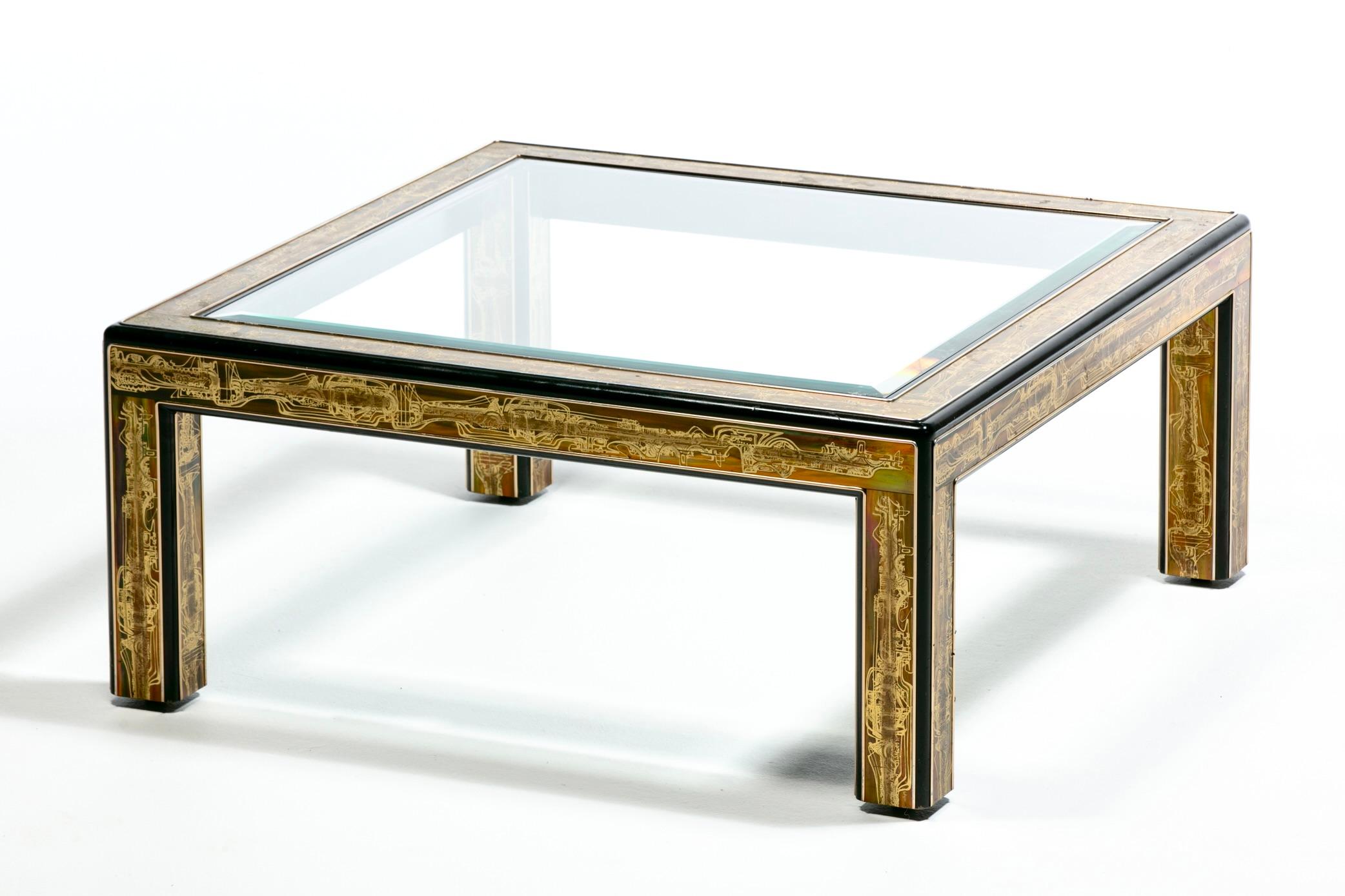 Buriné Table basse brutaliste en métal et verre gravé à l'acide Bernhard Rohne pour Mastercraft en vente