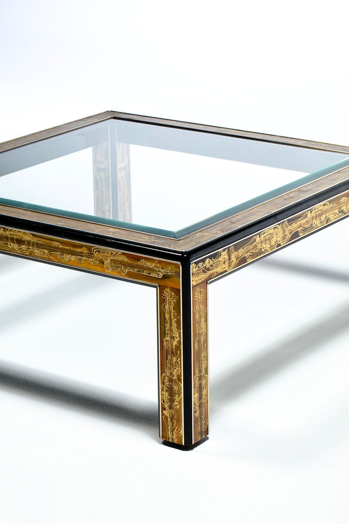 Fin du 20e siècle Table basse brutaliste en métal et verre gravé à l'acide Bernhard Rohne pour Mastercraft en vente