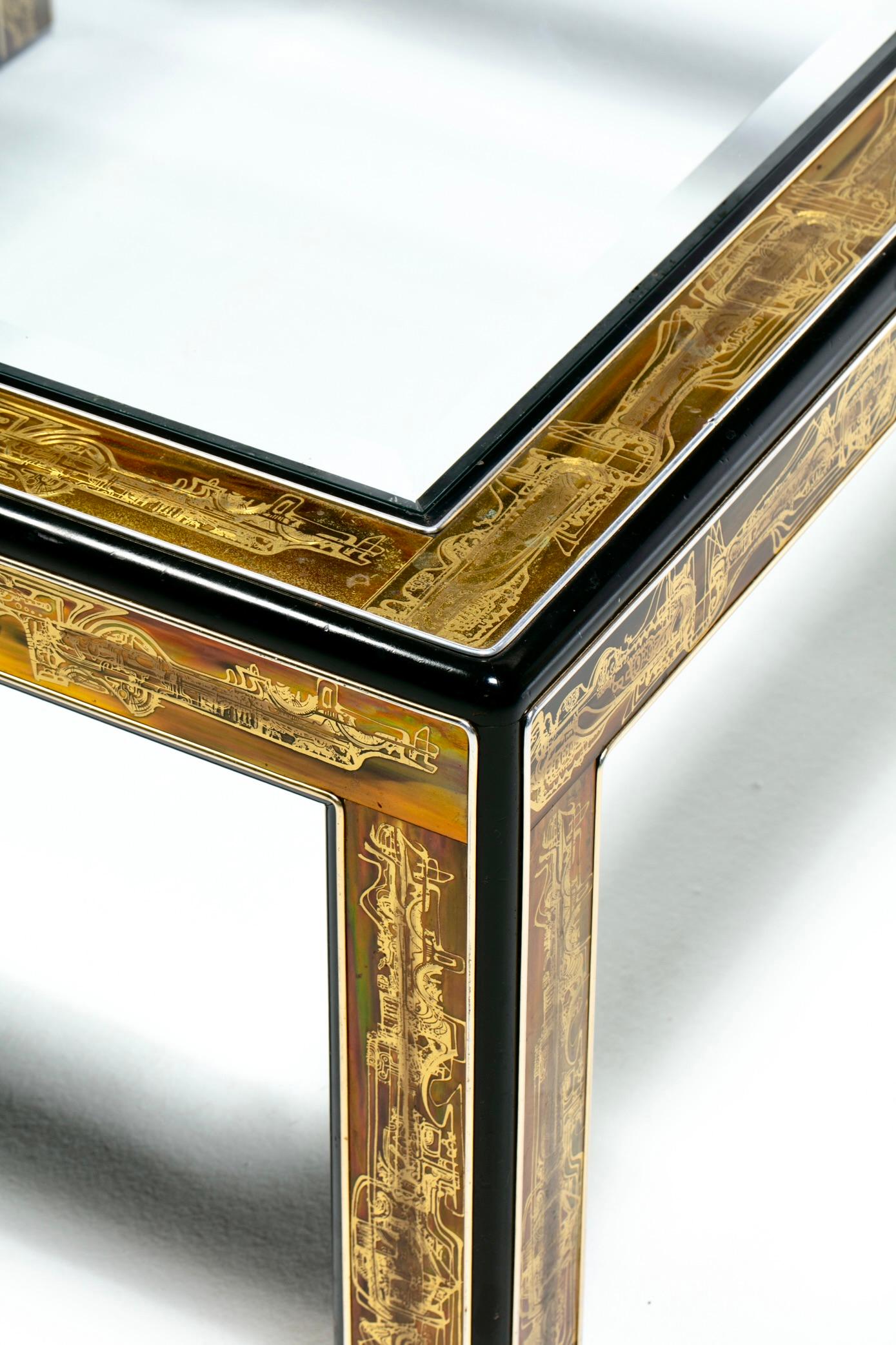 Métal Table basse brutaliste en métal et verre gravé à l'acide Bernhard Rohne pour Mastercraft en vente