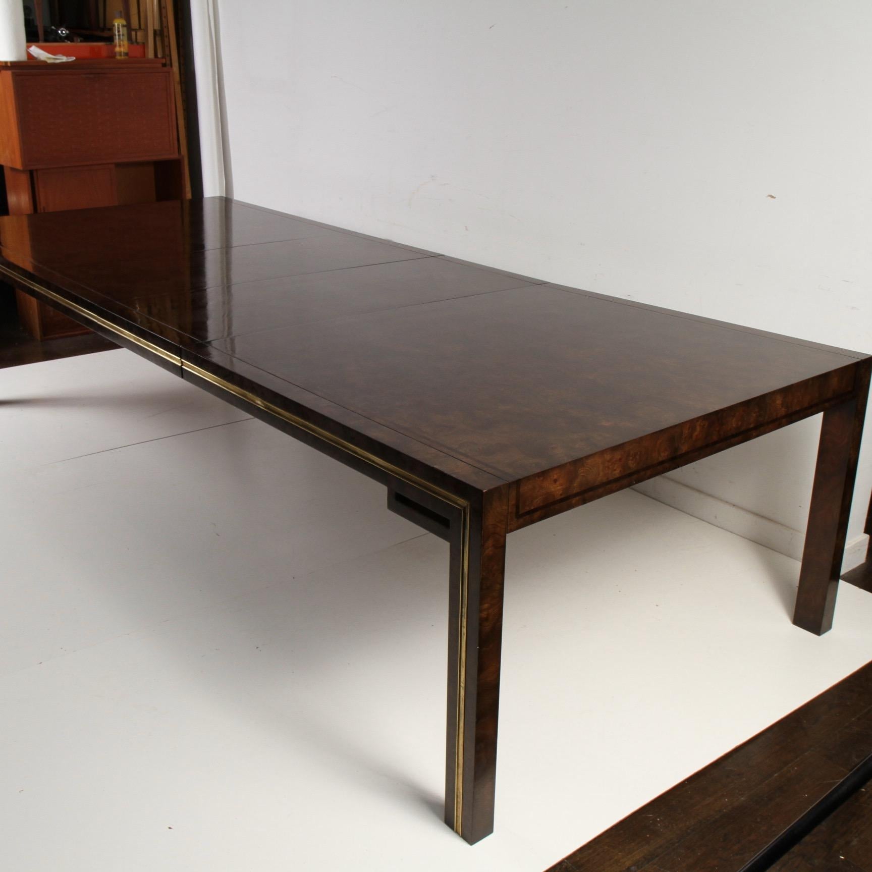 Mid-Century Modern Bernhard Rohne for Mastercraft Amboyna Burl and Brass Extension Dining Table