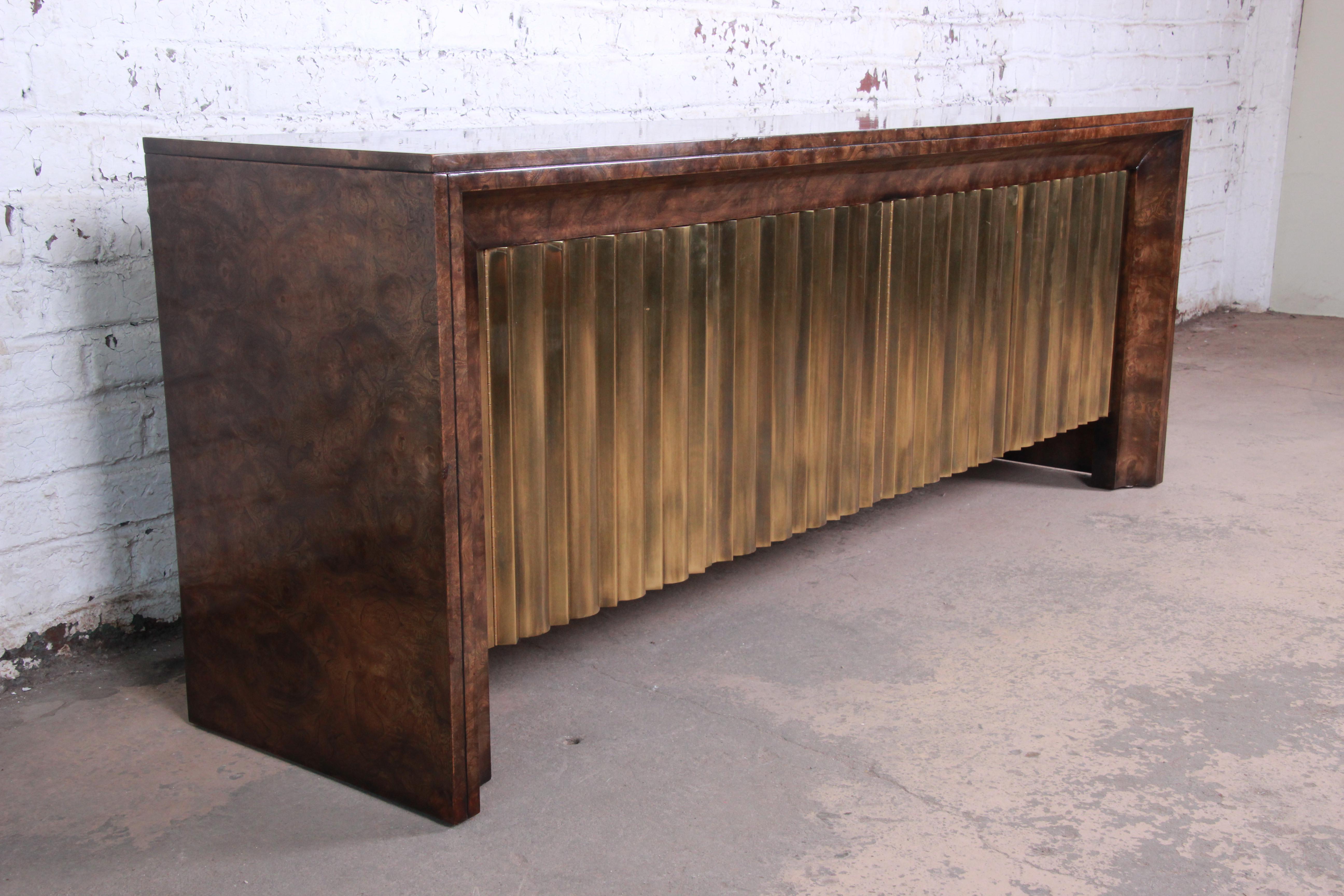 Hollywood Regency Bernhard Rohne for Mastercraft Brass and Burl Carpathian Elm Sideboard Credenza