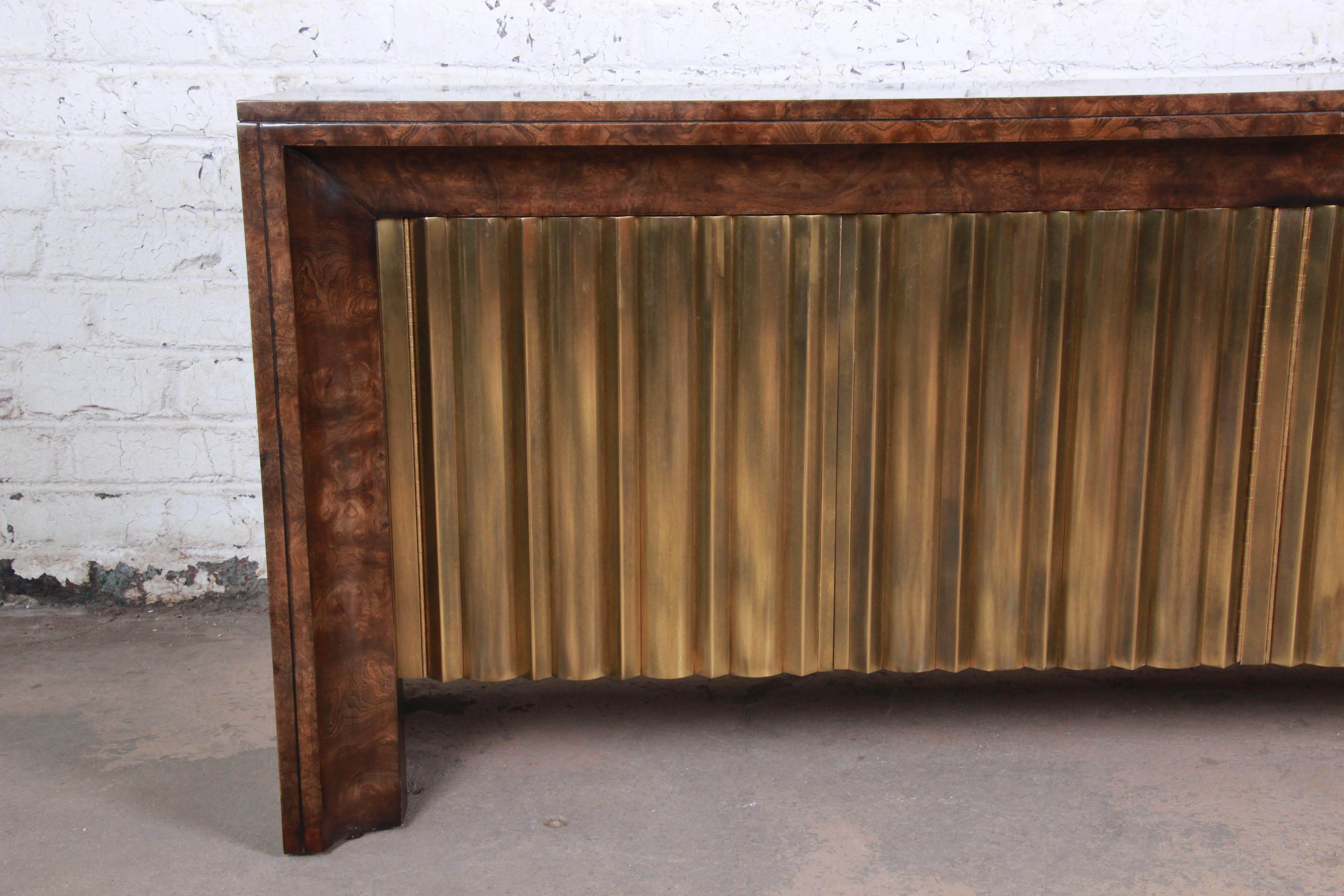 American Bernhard Rohne for Mastercraft Brass and Burl Carpathian Elm Sideboard Credenza