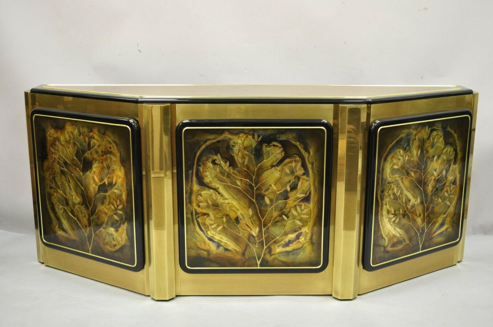 Bernhard Rohne for Mastercraft brass tree of life credenza cabinet. Item features acid etched 