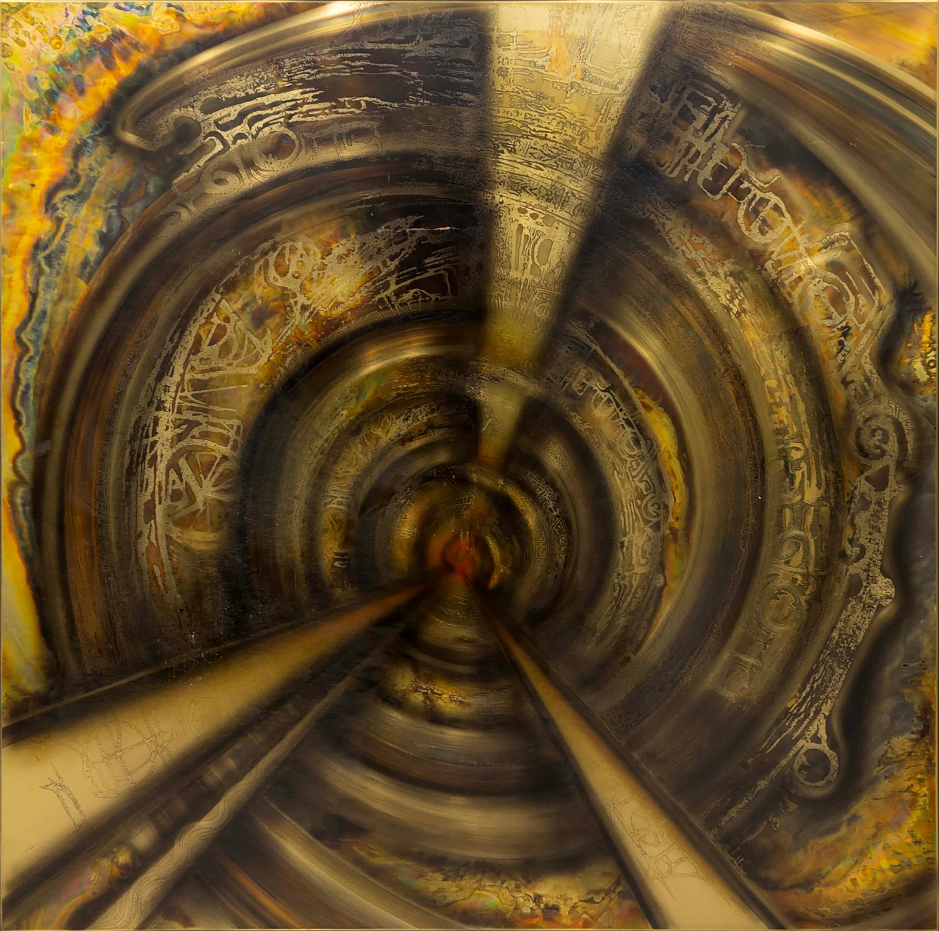 A dynamic brutalist acid-etched metallic design wall art by Bernhard Rohne for Mastercraft. Circa 1970s. Original gallery tag on verso. Bernard Rhone (1944- ) is known for his distinctive designs where he explored chemical reactions with copper and