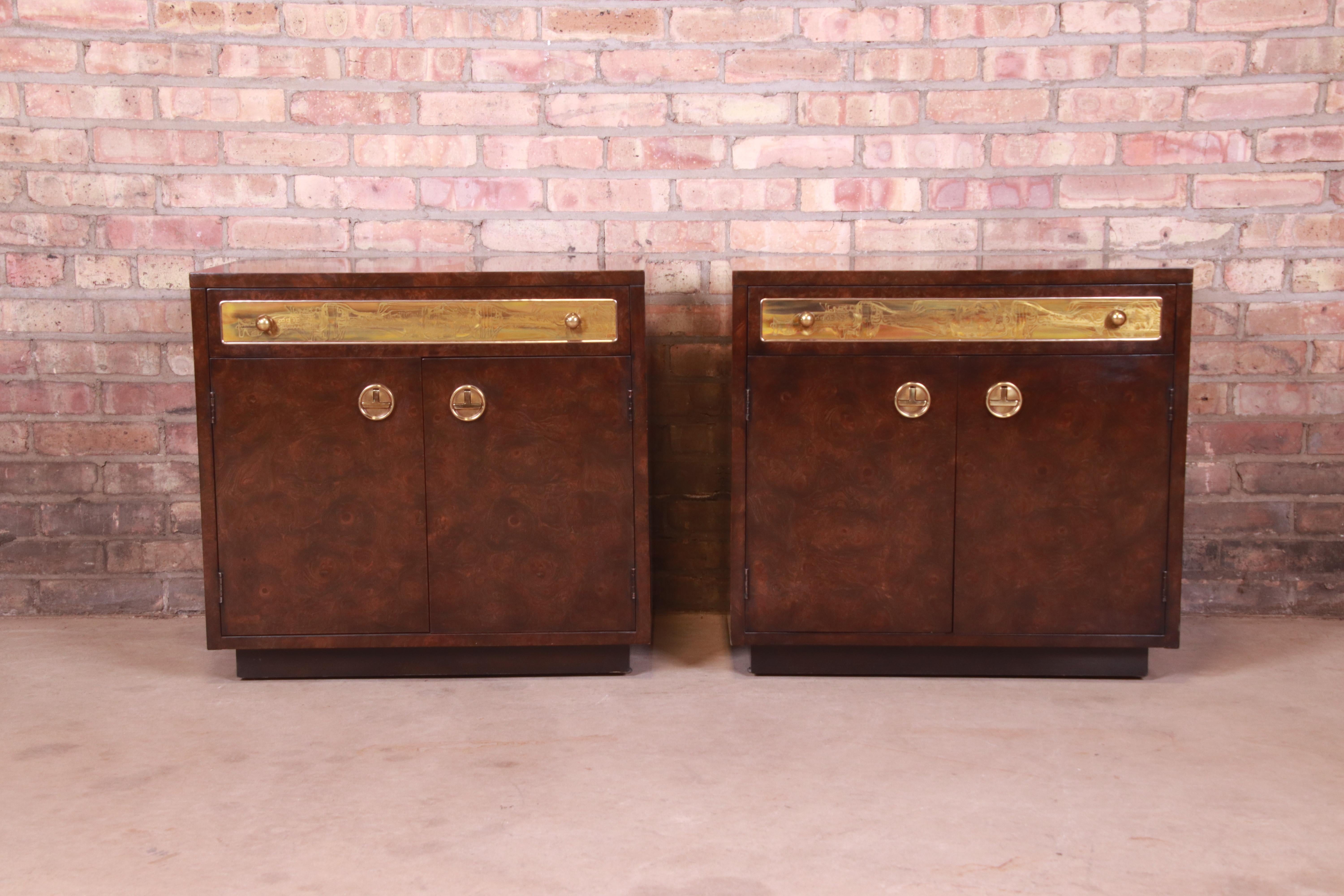 American Bernhard Rohne for Mastercraft Burl Wood and Acid Etched Brass Bedside Chests For Sale