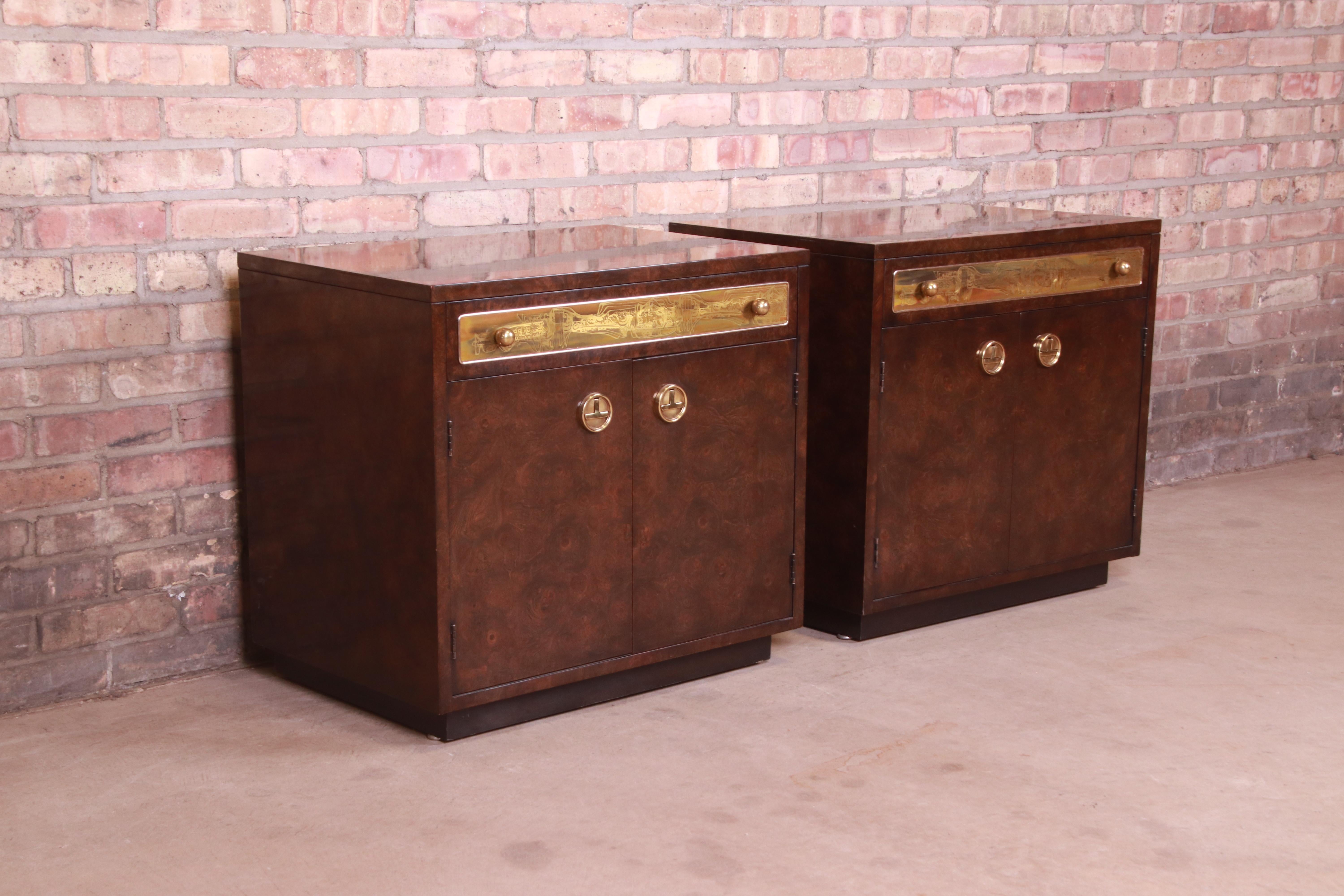 Late 20th Century Bernhard Rohne for Mastercraft Burl Wood and Acid Etched Brass Bedside Chests For Sale