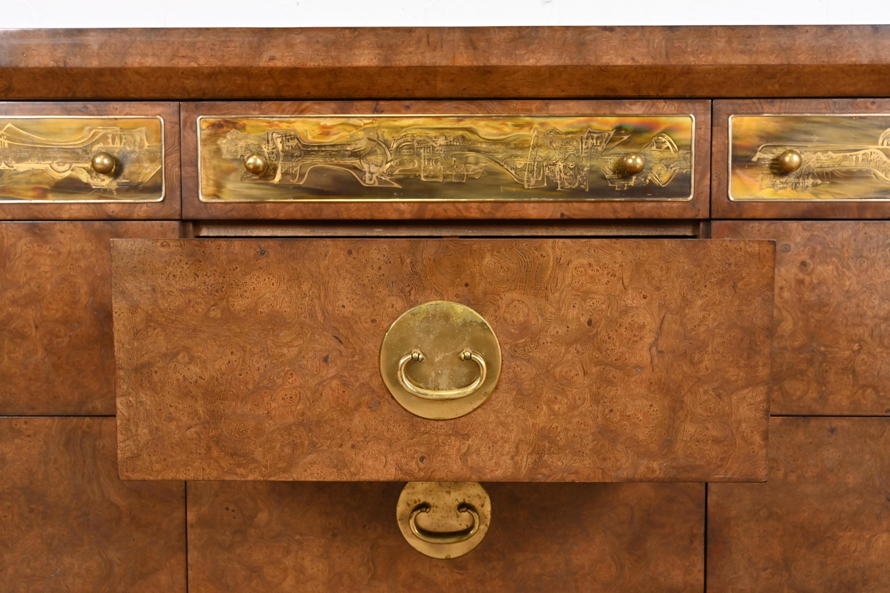 Bernhard Rohne for Mastercraft Burl Wood and Acid Etched Brass Dresser, 1970s For Sale 3