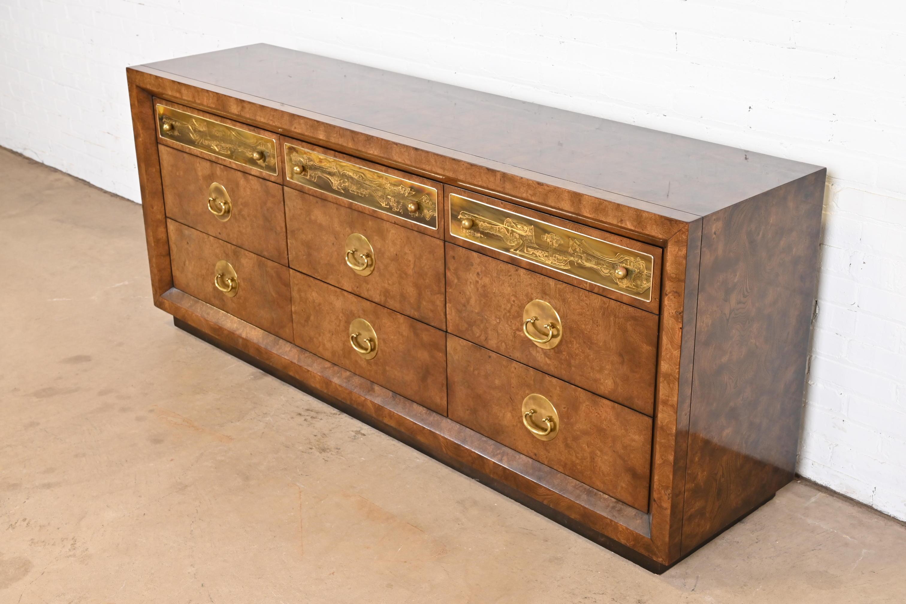 American Bernhard Rohne for Mastercraft Burl Wood and Acid Etched Brass Dresser, 1970s For Sale