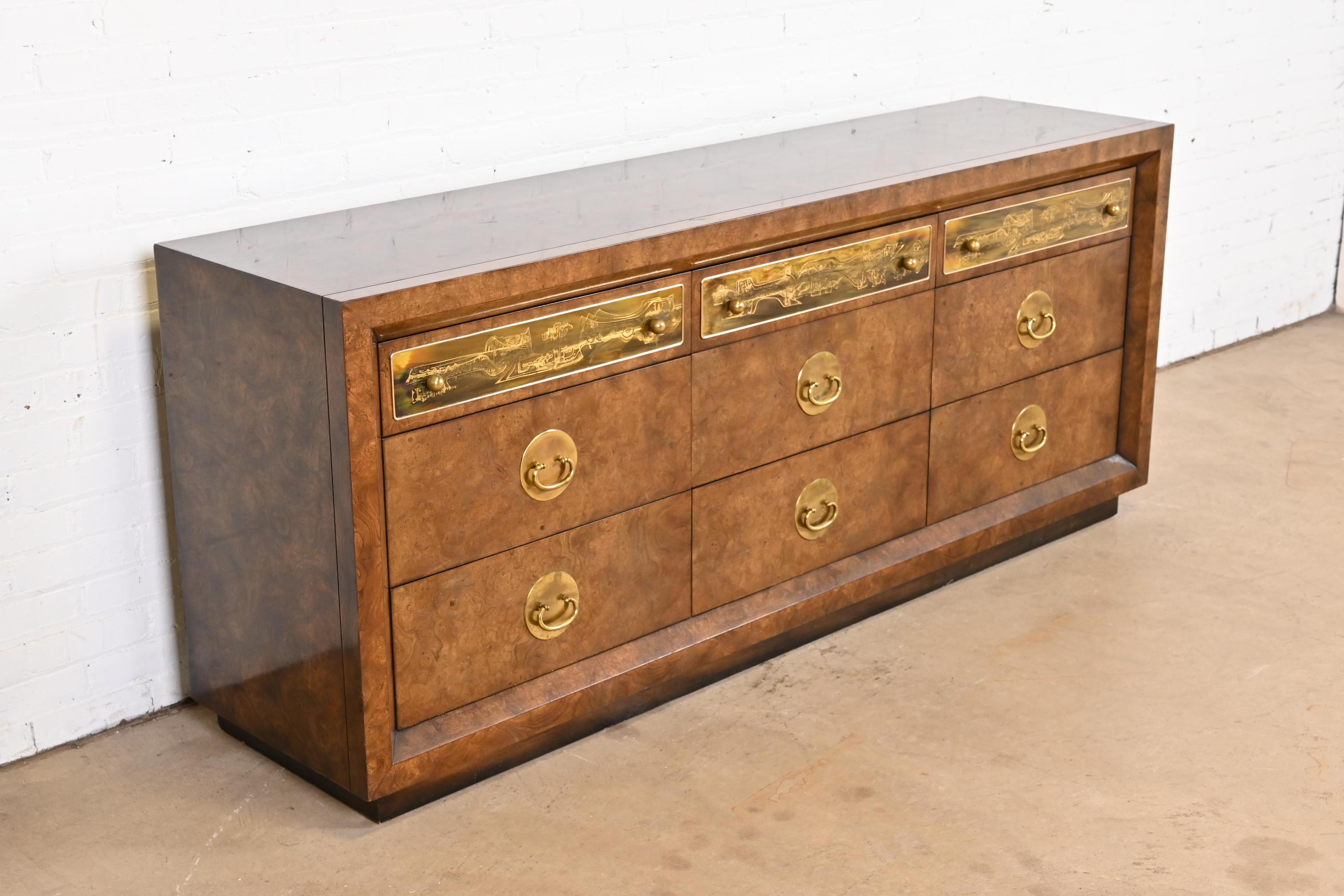 Late 20th Century Bernhard Rohne for Mastercraft Burl Wood and Acid Etched Brass Dresser, 1970s For Sale