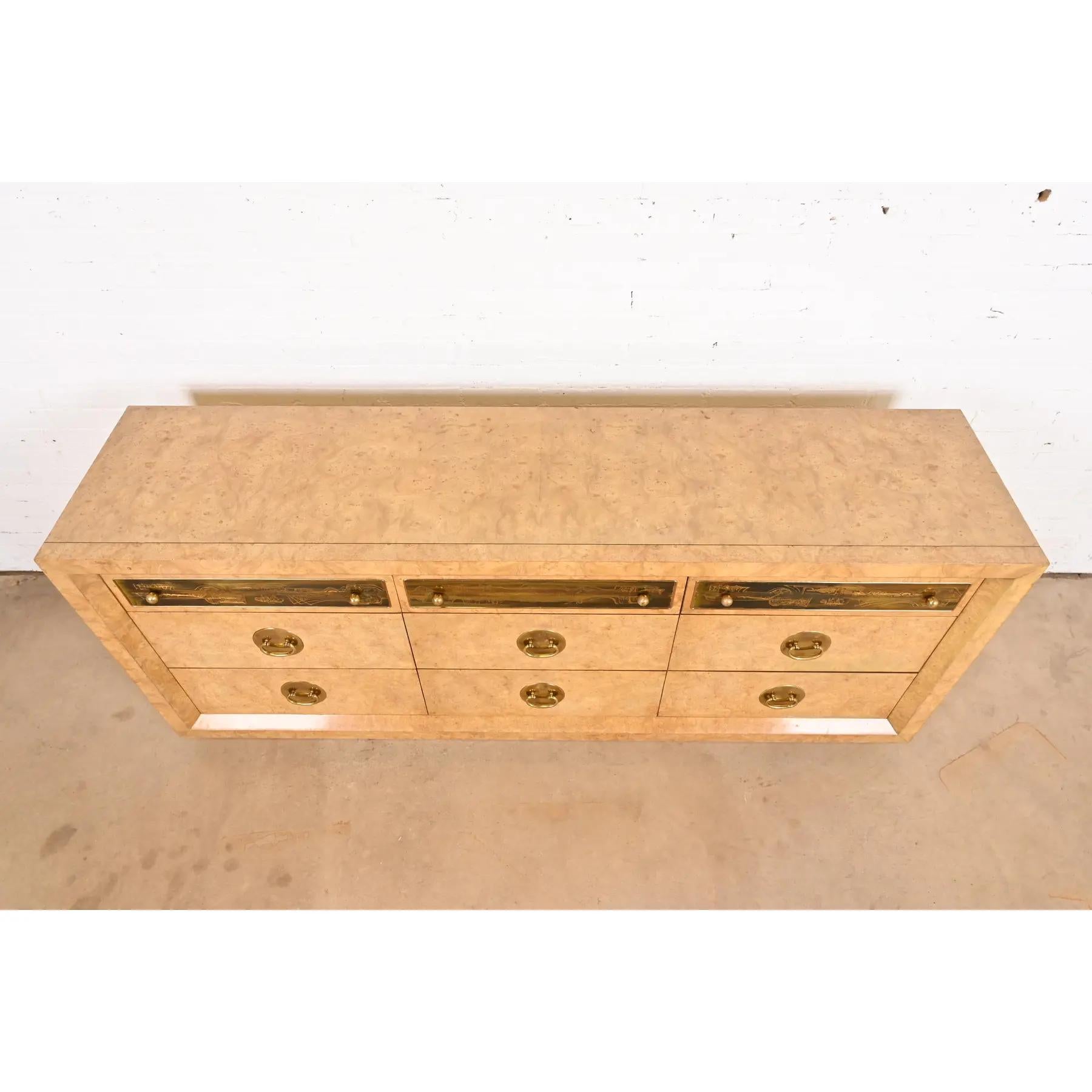 Bernhard Rohne for Mastercraft Burl Wood and Acid Etched Brass Dresser For Sale 4