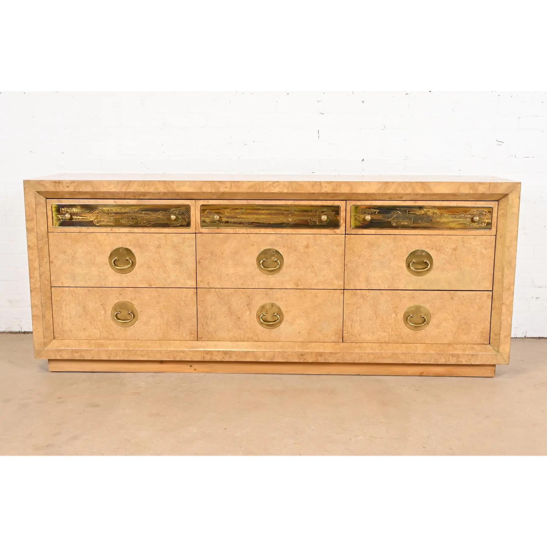 Hollywood Regency Bernhard Rohne for Mastercraft Burl Wood and Acid Etched Brass Dresser For Sale