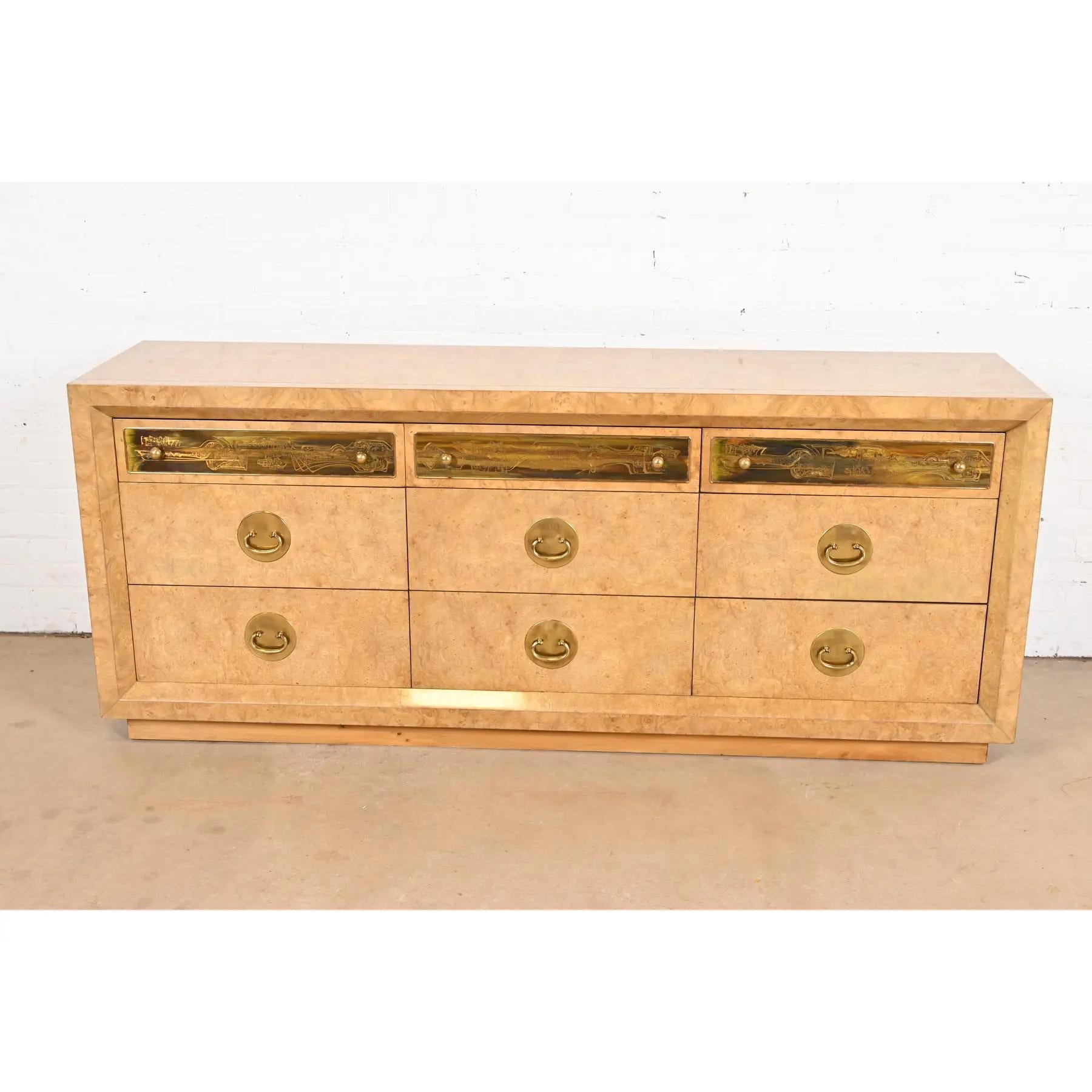 American Bernhard Rohne for Mastercraft Burl Wood and Acid Etched Brass Dresser For Sale