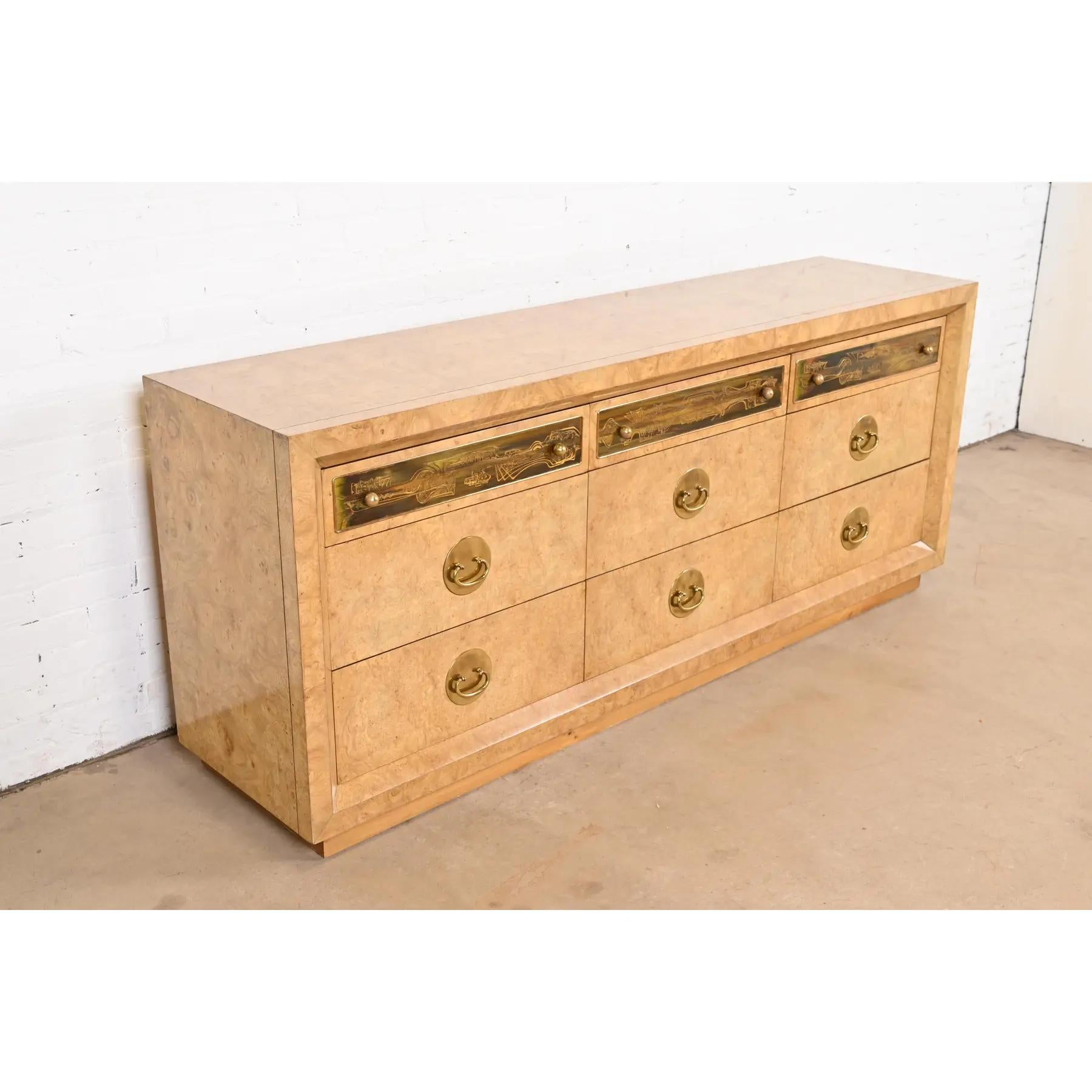 Bernhard Rohne for Mastercraft Burl Wood and Acid Etched Brass Dresser In Good Condition For Sale In South Bend, IN