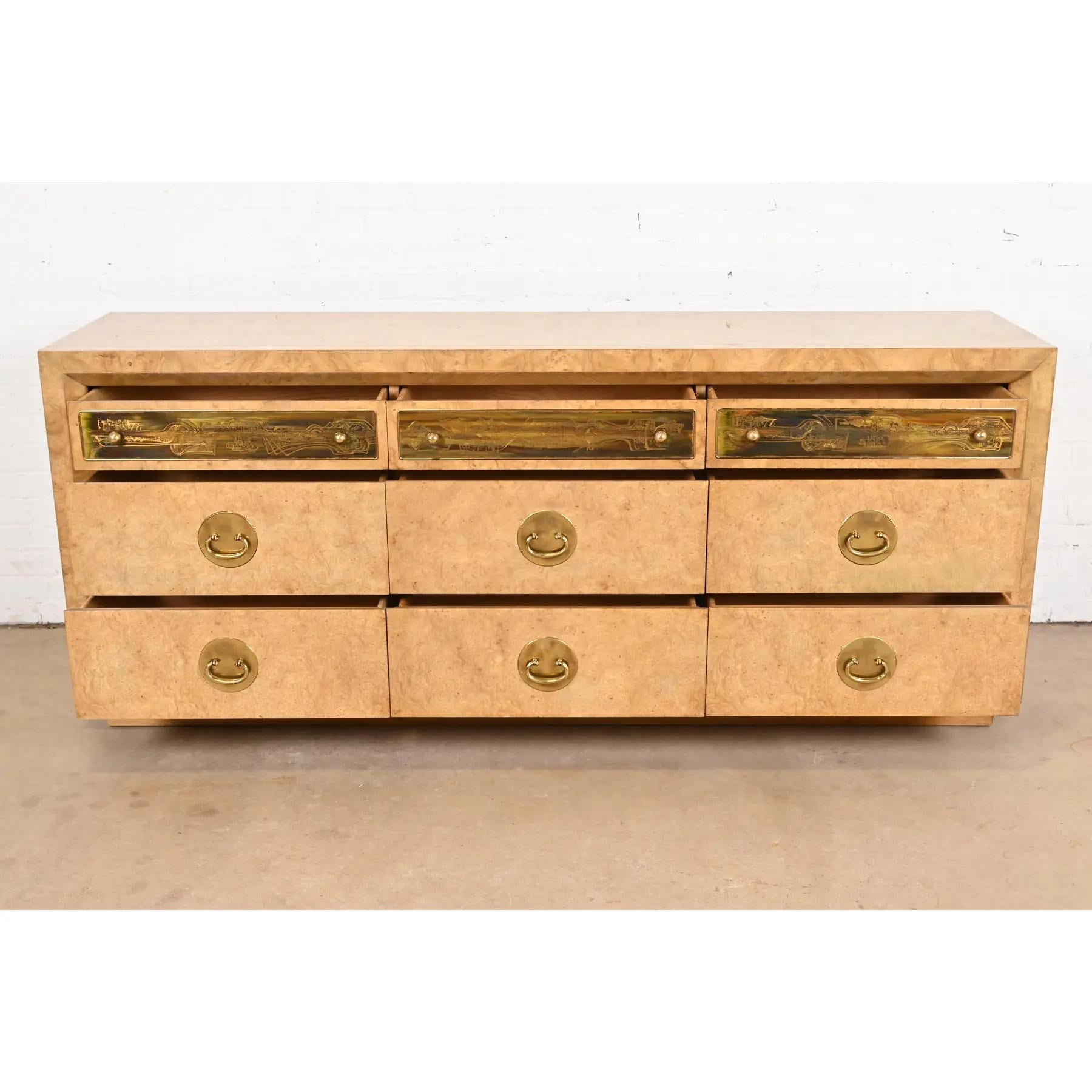 Late 20th Century Bernhard Rohne for Mastercraft Burl Wood and Acid Etched Brass Dresser For Sale