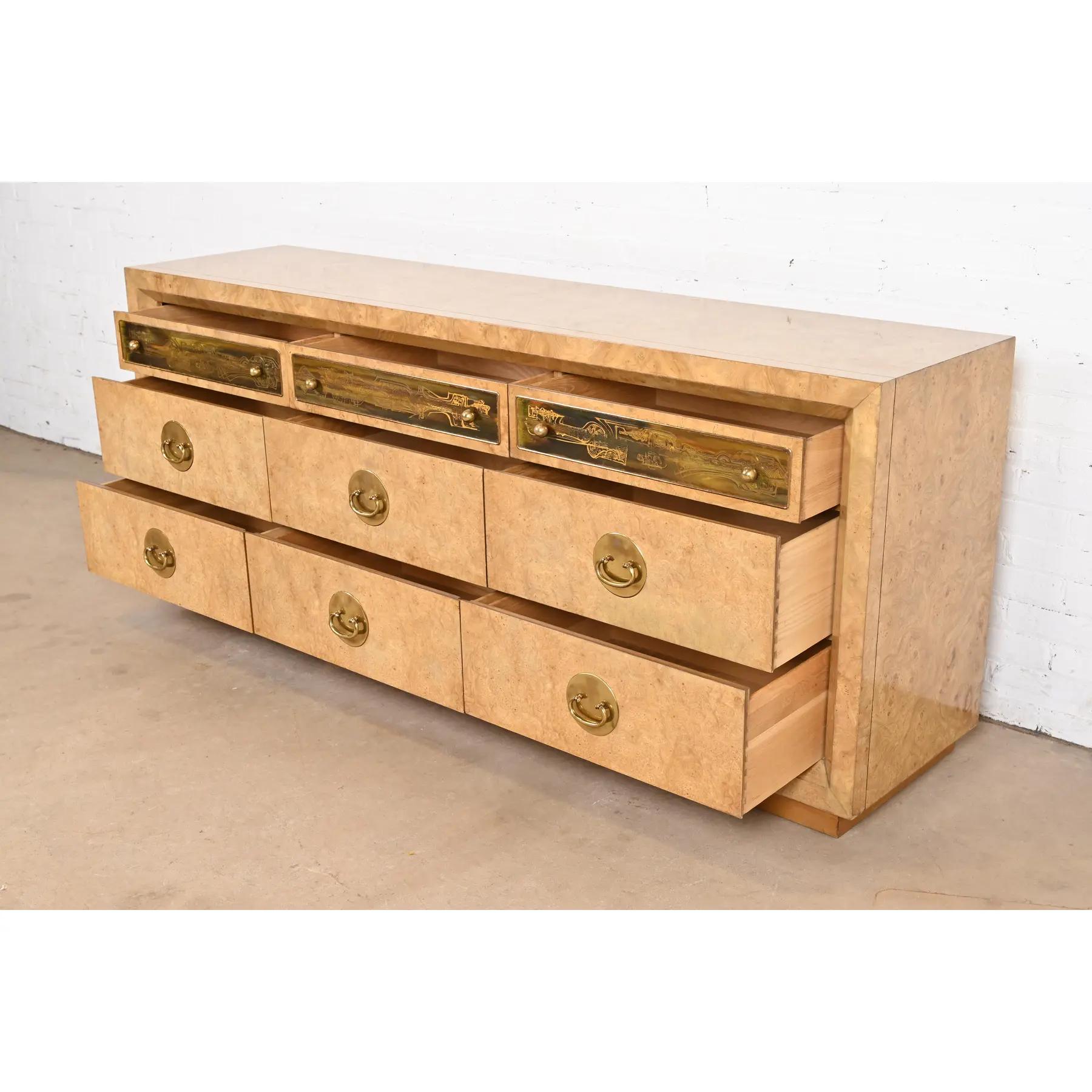Bernhard Rohne for Mastercraft Burl Wood and Acid Etched Brass Dresser For Sale 1