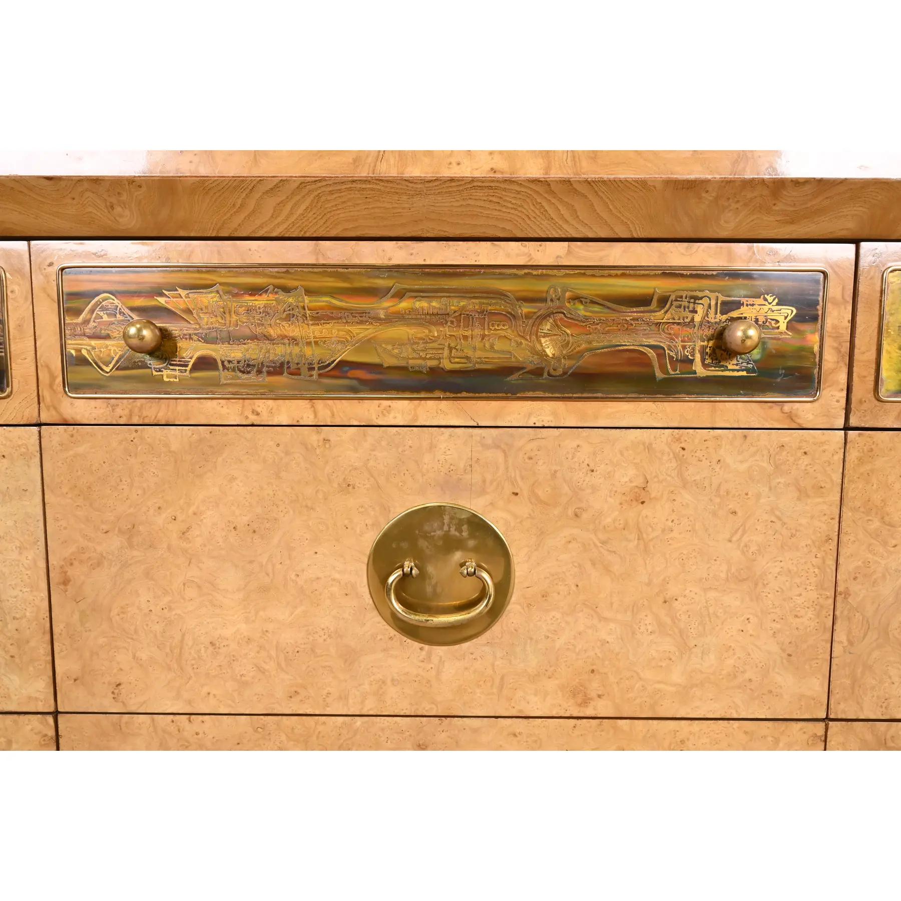 Bernhard Rohne for Mastercraft Burl Wood and Acid Etched Brass Dresser For Sale 3