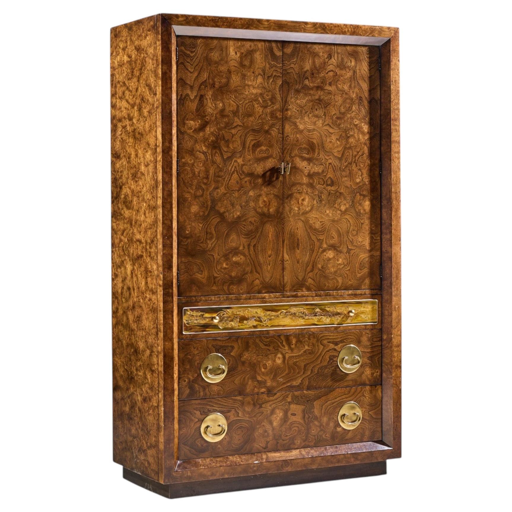 Bernhard Rohne for Mastercraft Burlwood and Acid Etched Brass Armoire Dresser