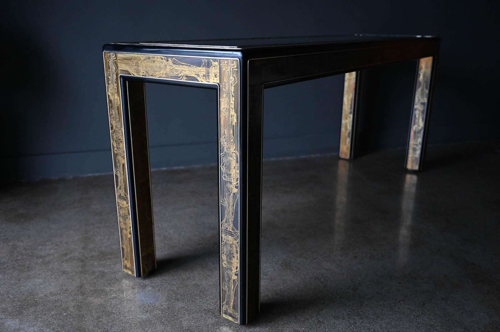 Bernhard Rohne for Mastercraft Etched Brass and Glass Console, circa 1970 5