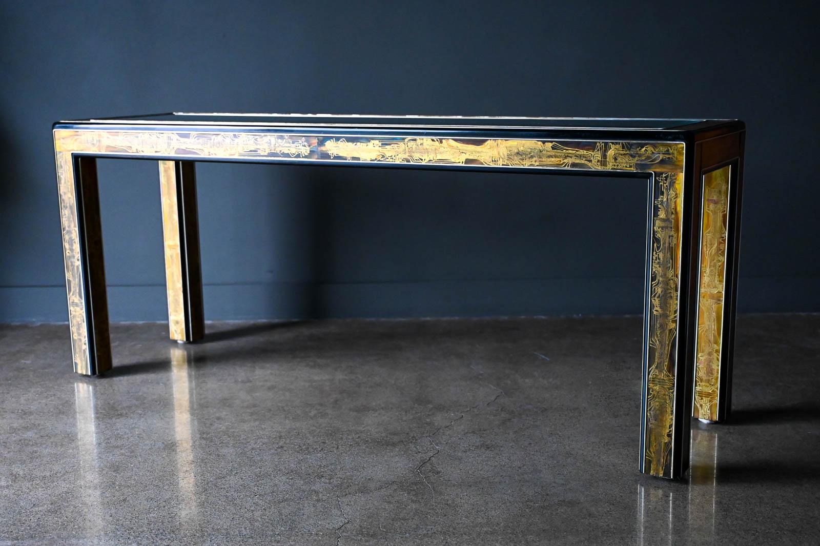 American Bernhard Rohne for Mastercraft Etched Brass and Glass Console, circa 1970