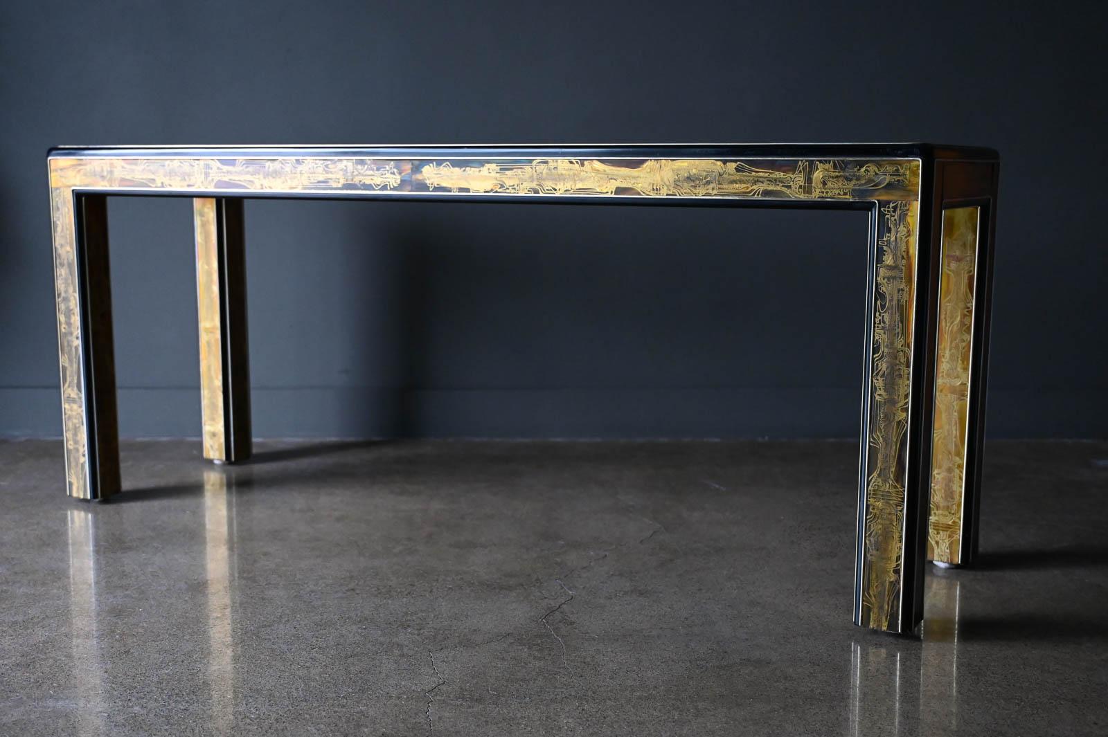Beveled Bernhard Rohne for Mastercraft Etched Brass and Glass Console, circa 1970
