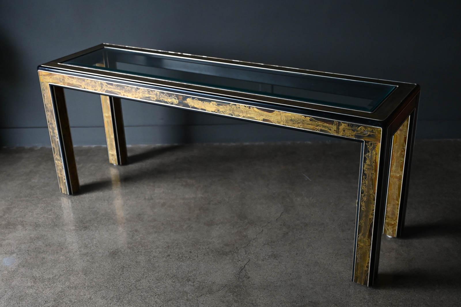 Bernhard Rohne for Mastercraft Etched Brass and Glass Console, circa 1970 In Good Condition In Costa Mesa, CA
