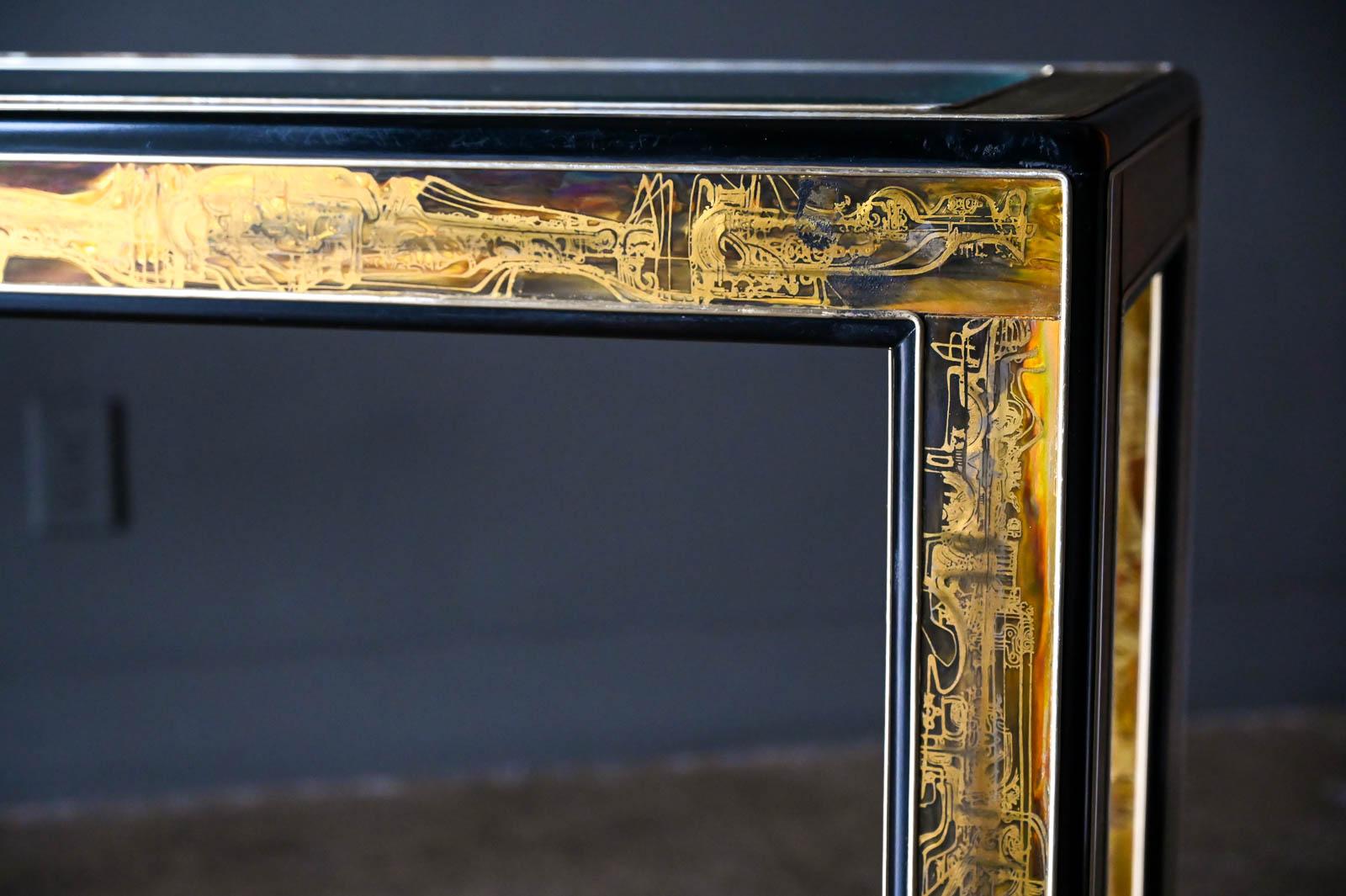 Late 20th Century Bernhard Rohne for Mastercraft Etched Brass and Glass Console, circa 1970
