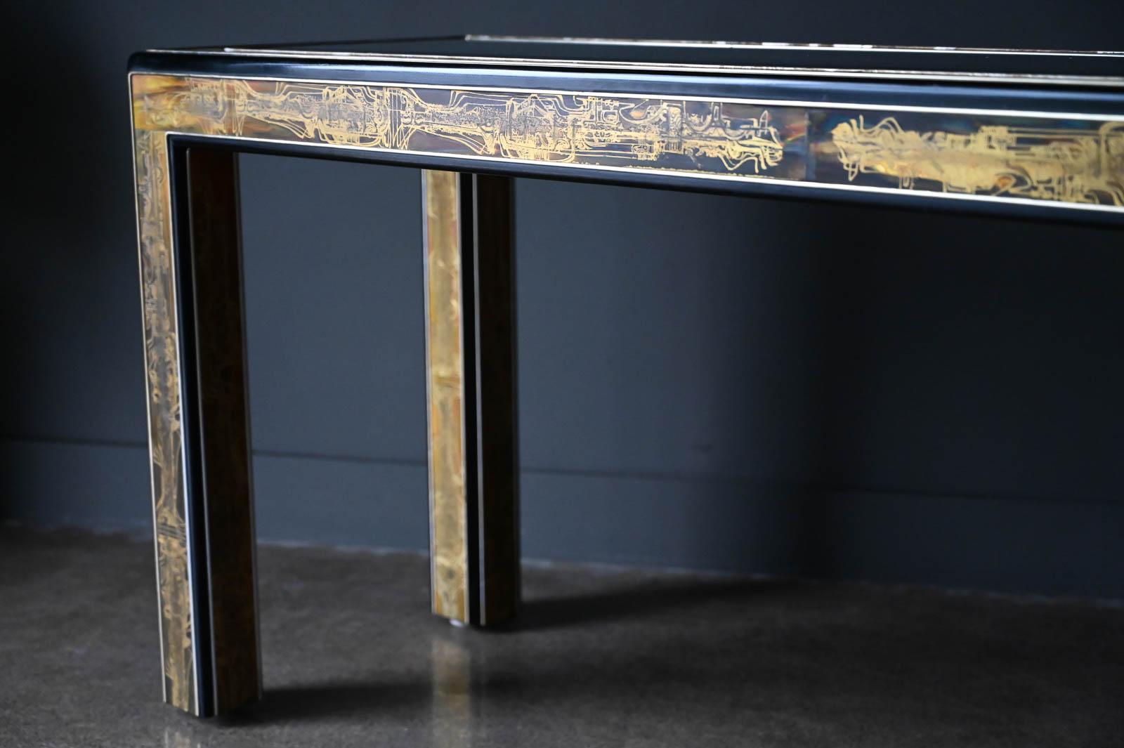 Bernhard Rohne for Mastercraft Etched Brass and Glass Console, circa 1970 1