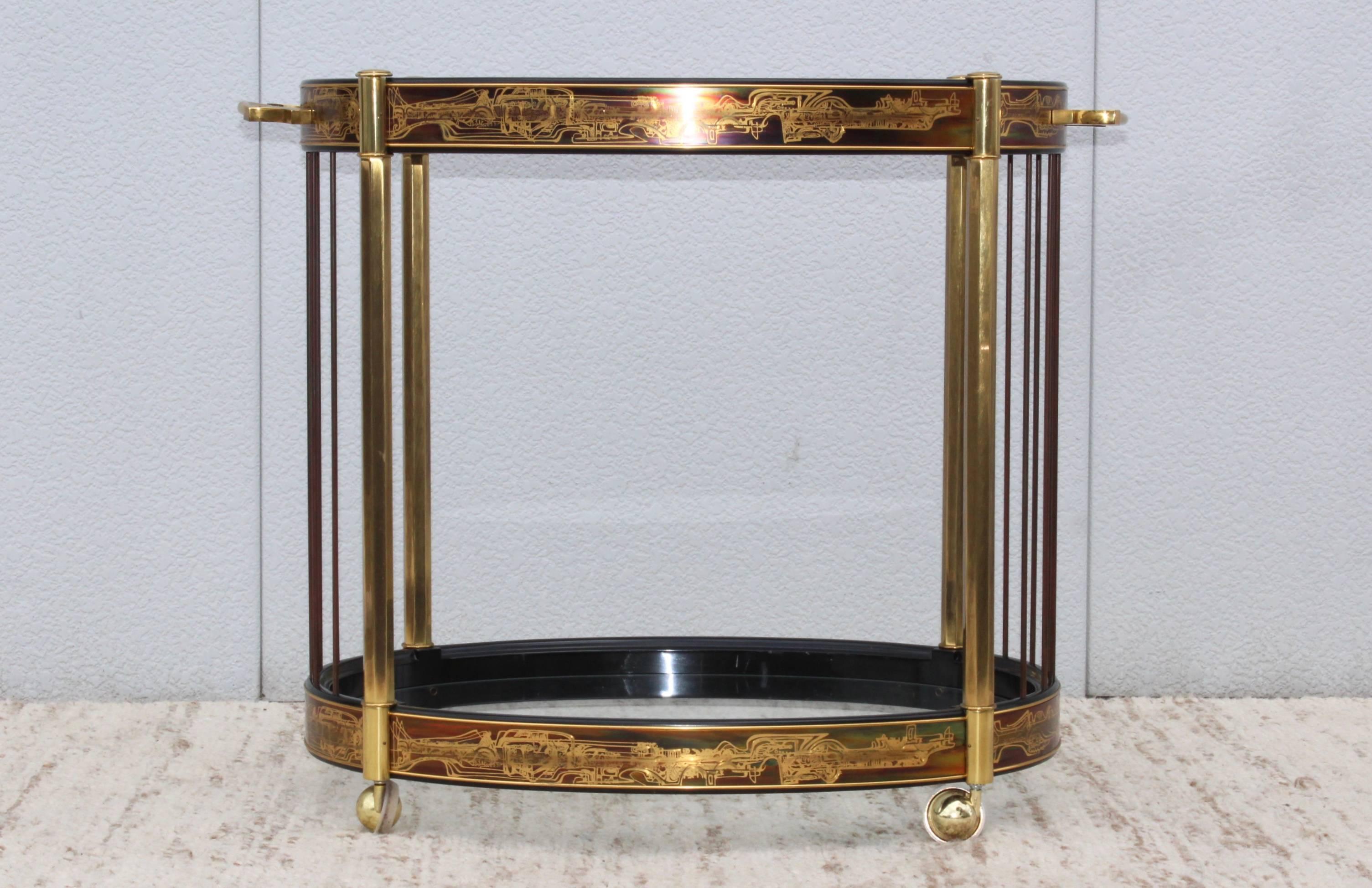 Mid-Century Modern Bernhard Rohne for Mastercraft Etched Brass Bar Cart