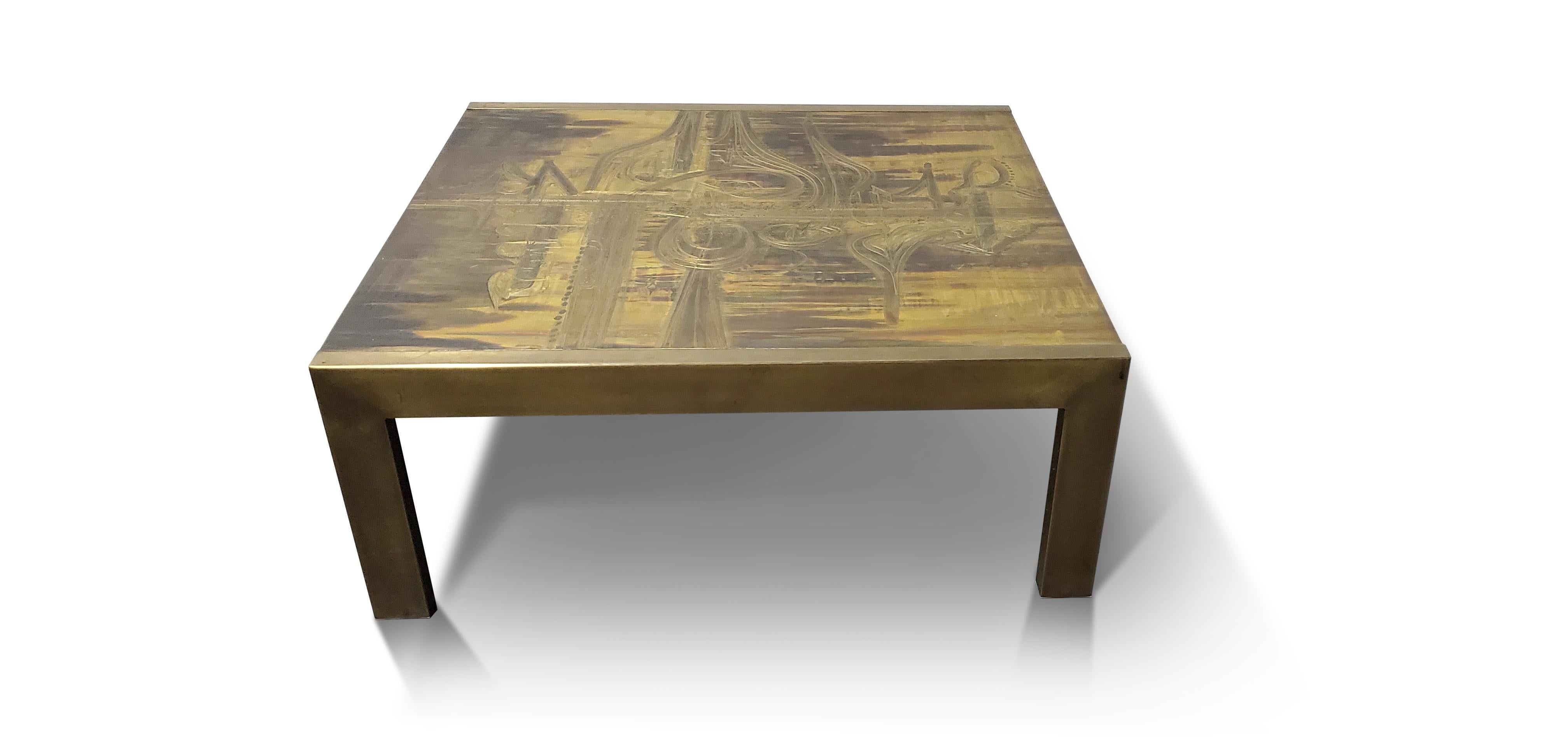 Mid-Century Modern Bernhard Rohne for Mastercraft Etched Brass Coffee Table 
