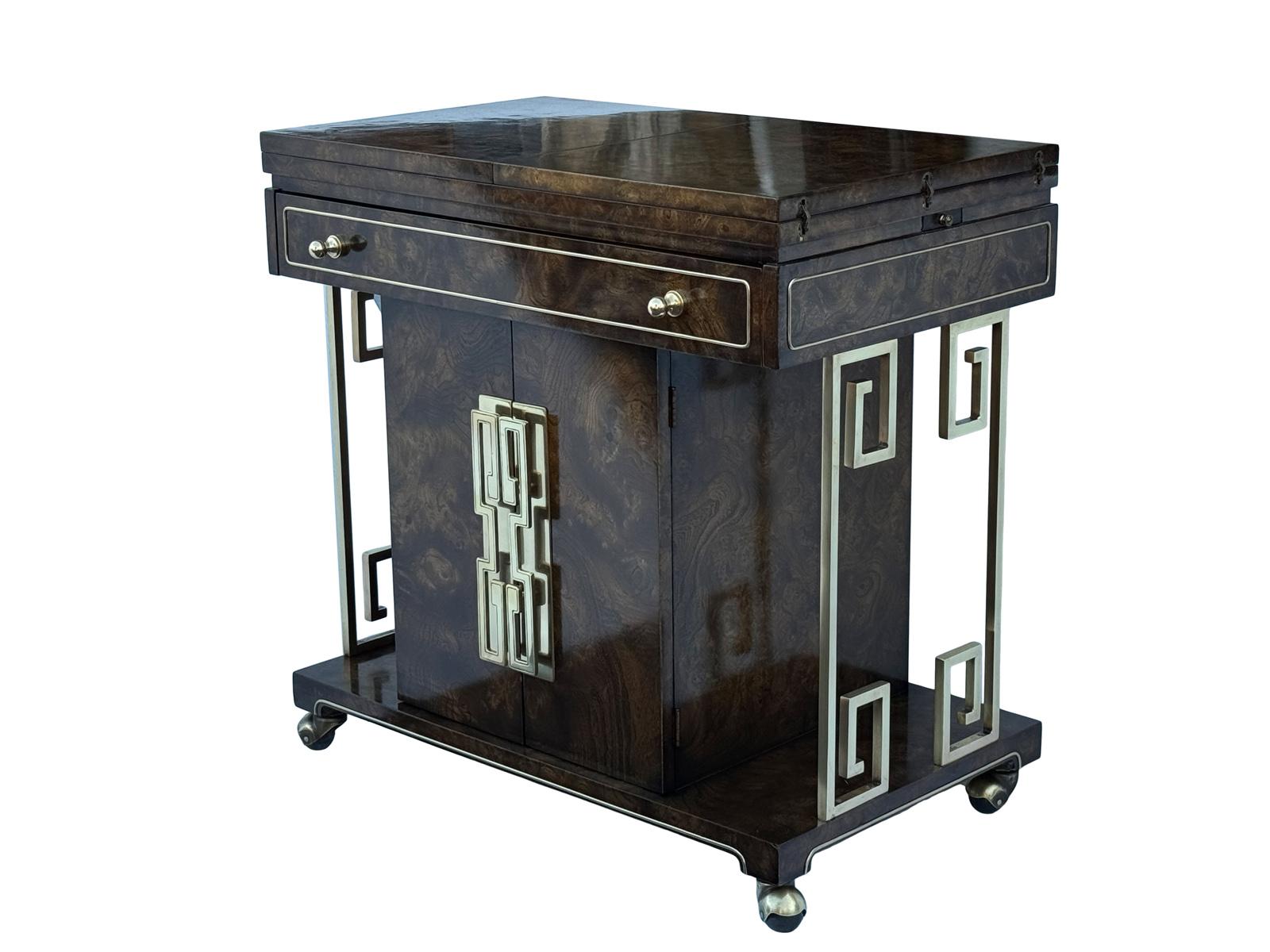 Mid-Century Modern Bernhard Rohne for Mastercraft Extendable Top Burl Buffet or Bar Cart For Sale