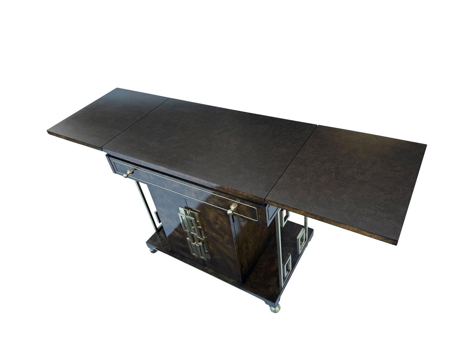 American Bernhard Rohne for Mastercraft Extendable Top Burl Buffet or Bar Cart For Sale