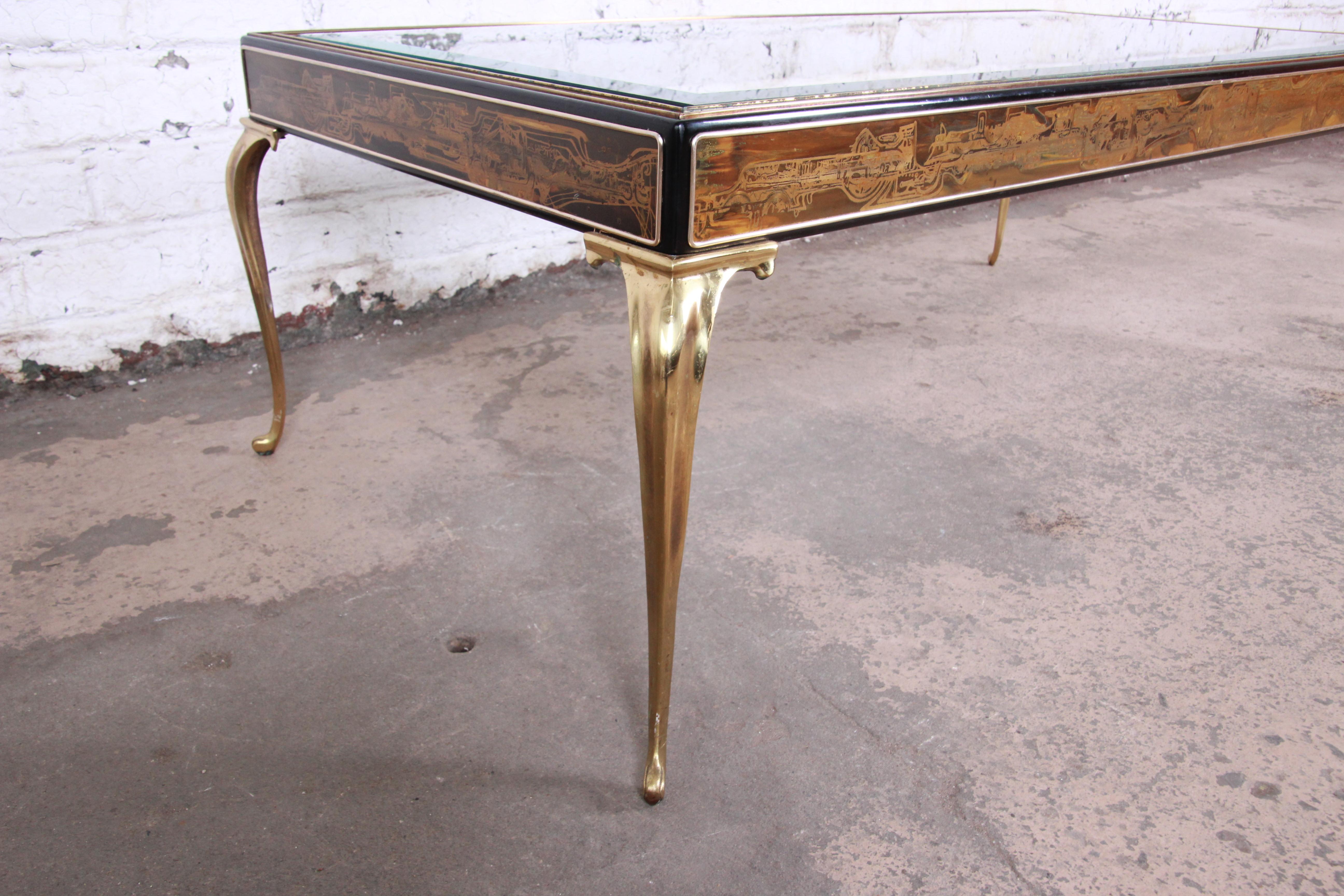 Bernhard Rohne for Mastercraft Hollywood Regency Acid Etched Brass Coffee Table In Good Condition In South Bend, IN