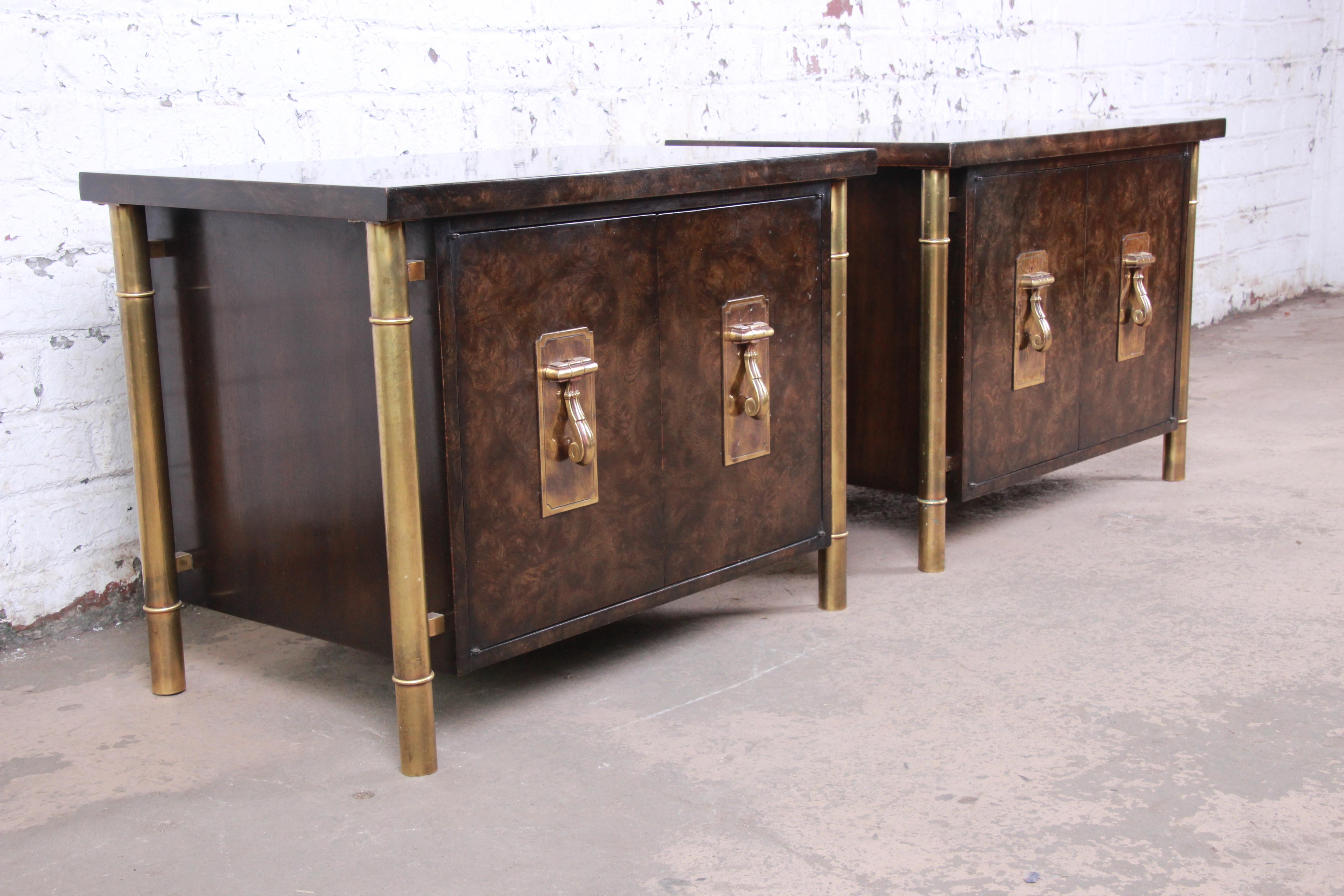 American Bernhard Rohne for Mastercraft Hollywood Regency Brass and Burl Nightstands