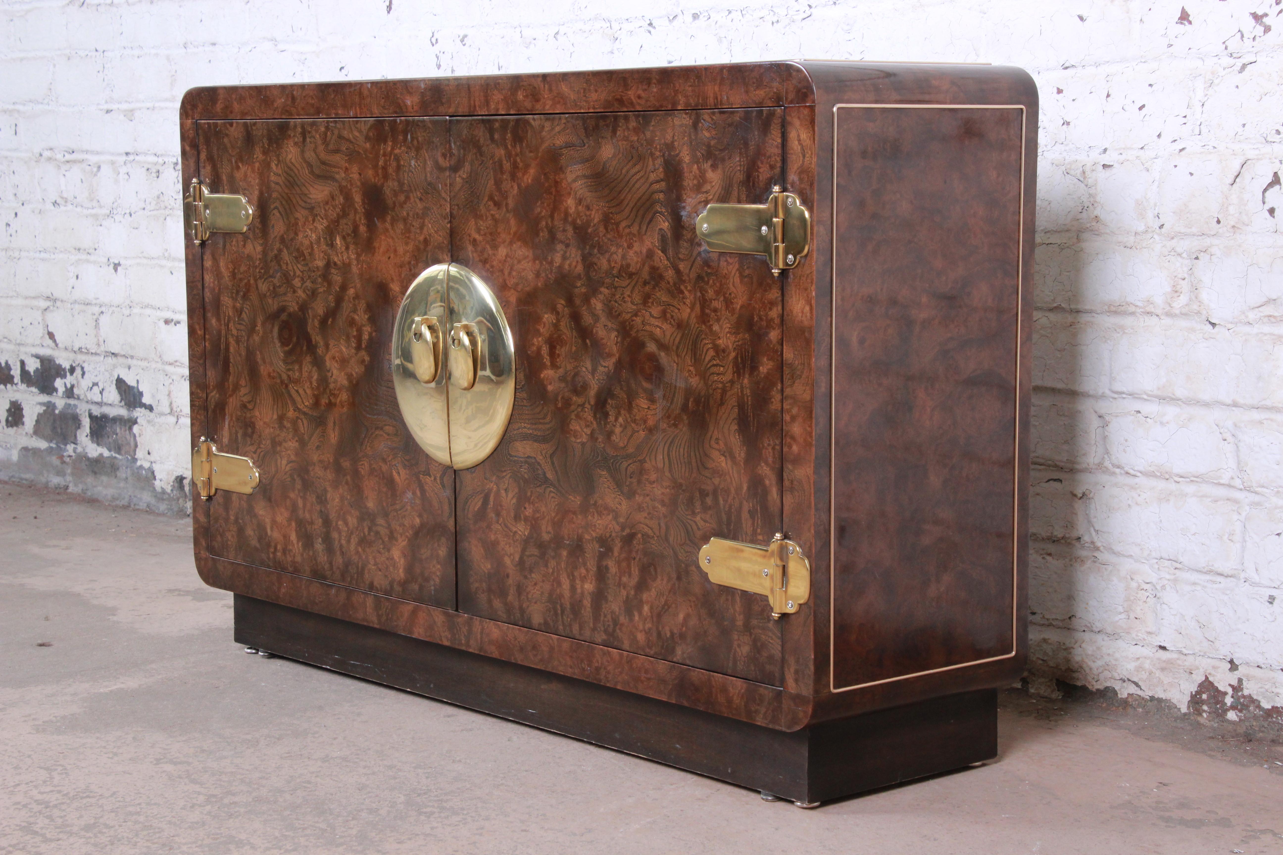 Mid-Century Modern Bernhard Rohne for Mastercraft Hollywood Regency Burl Wood and Brass Bar Cabinet