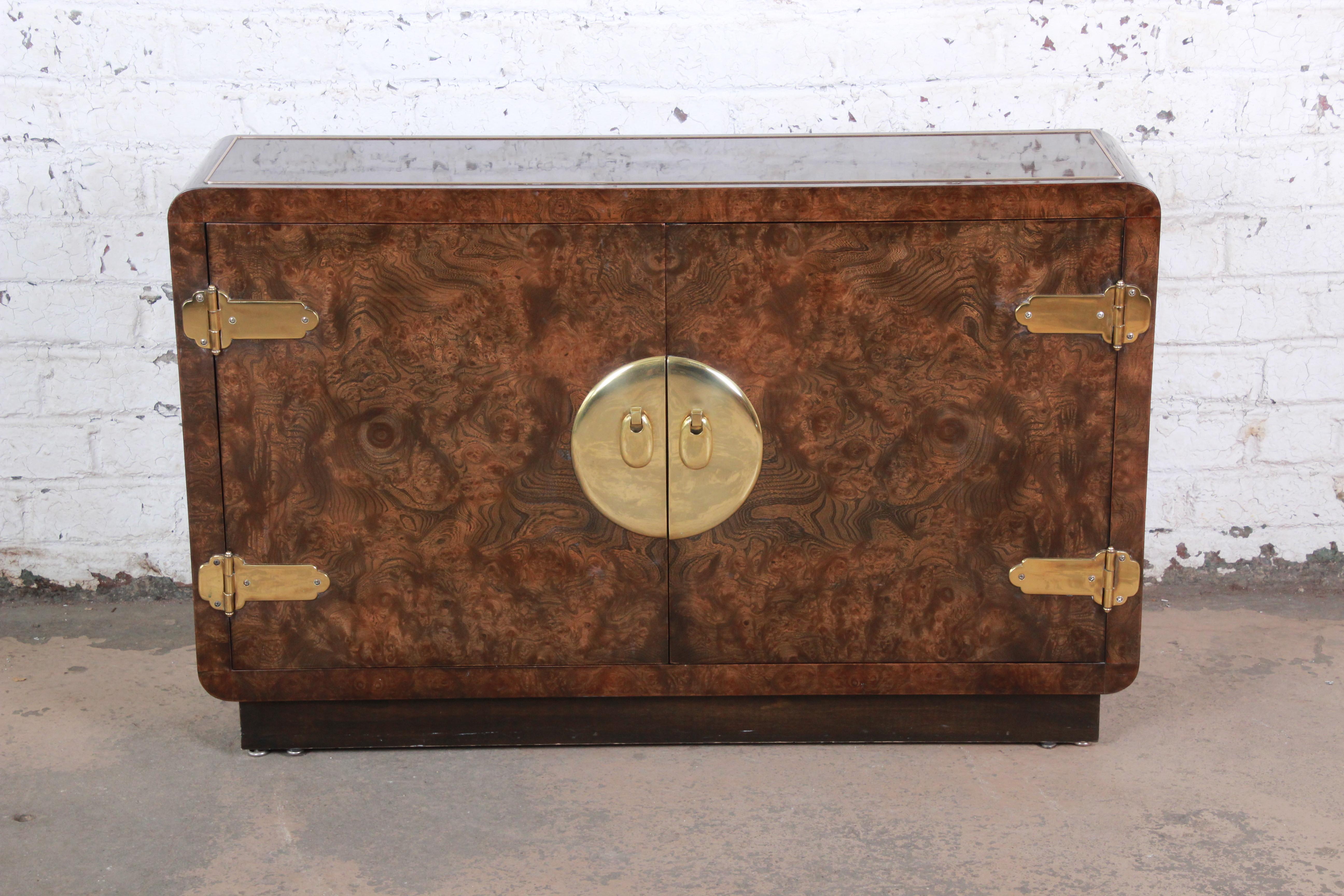 American Bernhard Rohne for Mastercraft Hollywood Regency Burl Wood and Brass Bar Cabinet